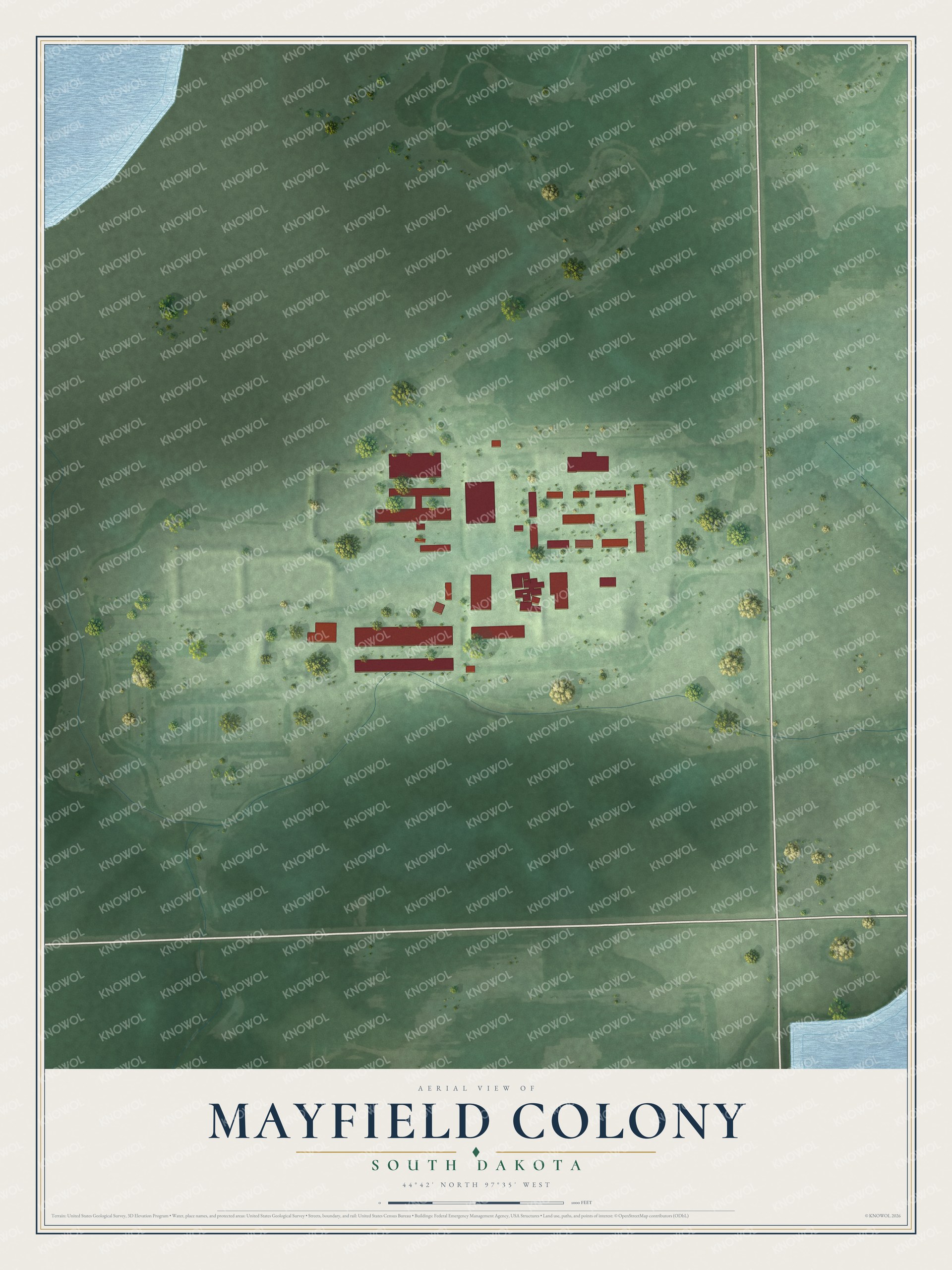 Full map of Mayfield Colony, South Dakota, with red buildings, printed street names and the land around them