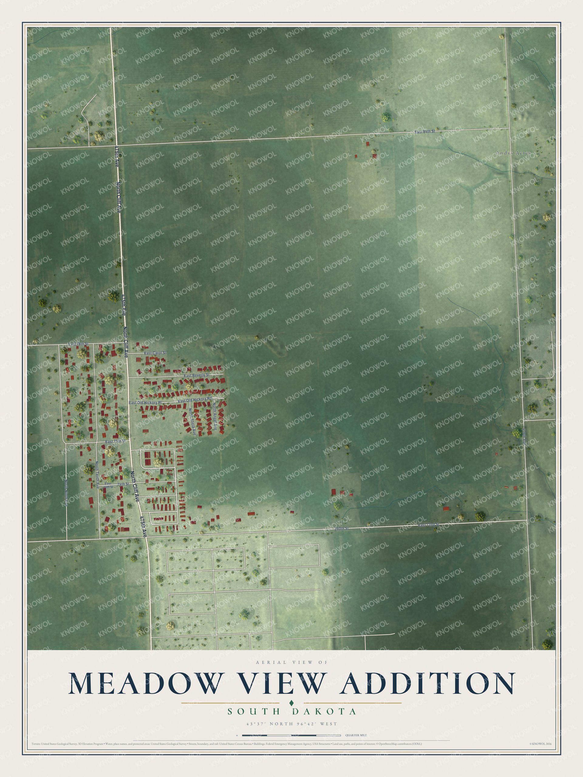 Full map of Meadow View Addition, South Dakota, with red buildings, printed street names and the land around them