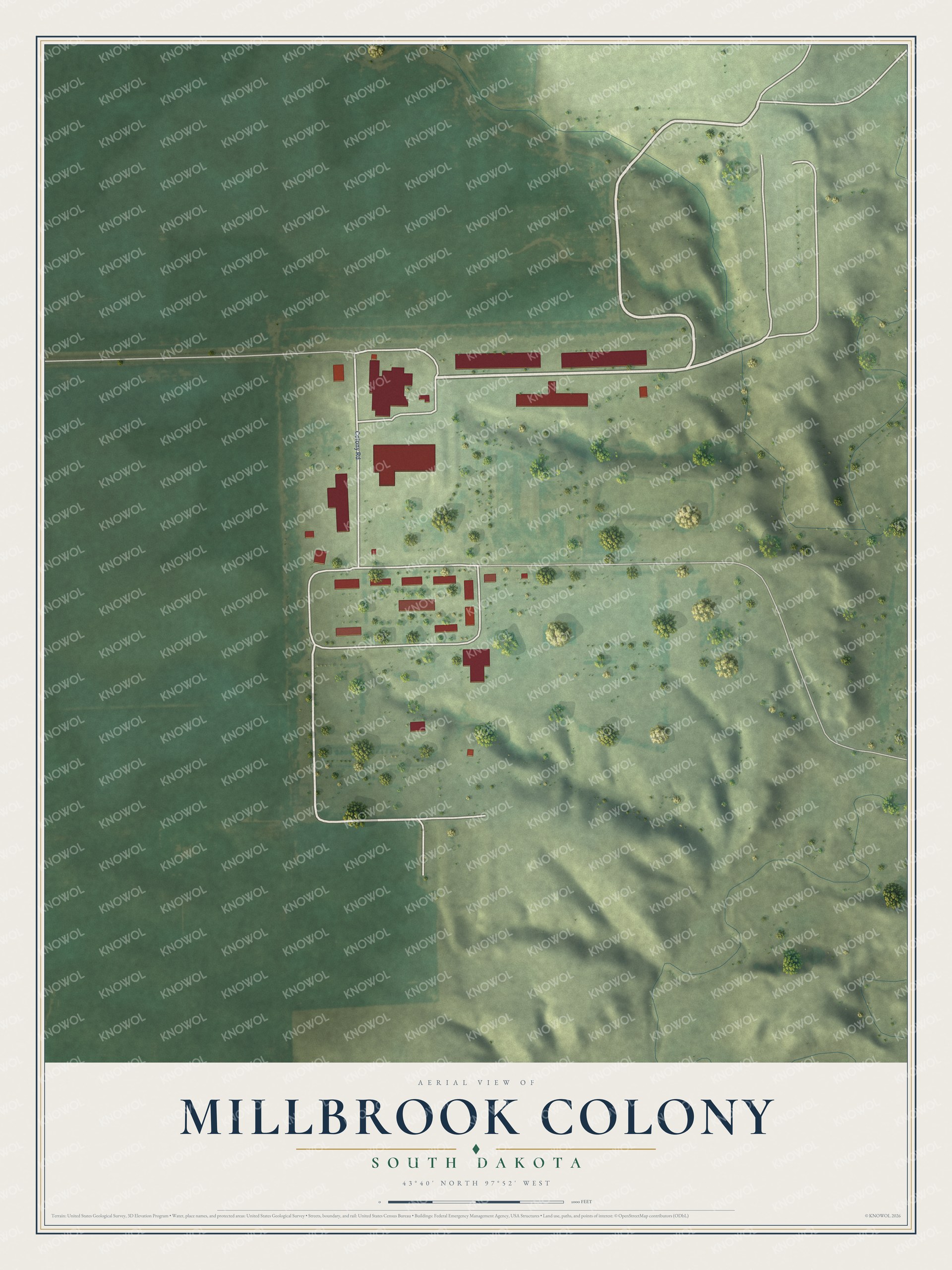 Full map of Millbrook Colony, South Dakota, with red buildings, printed street names and the land around them