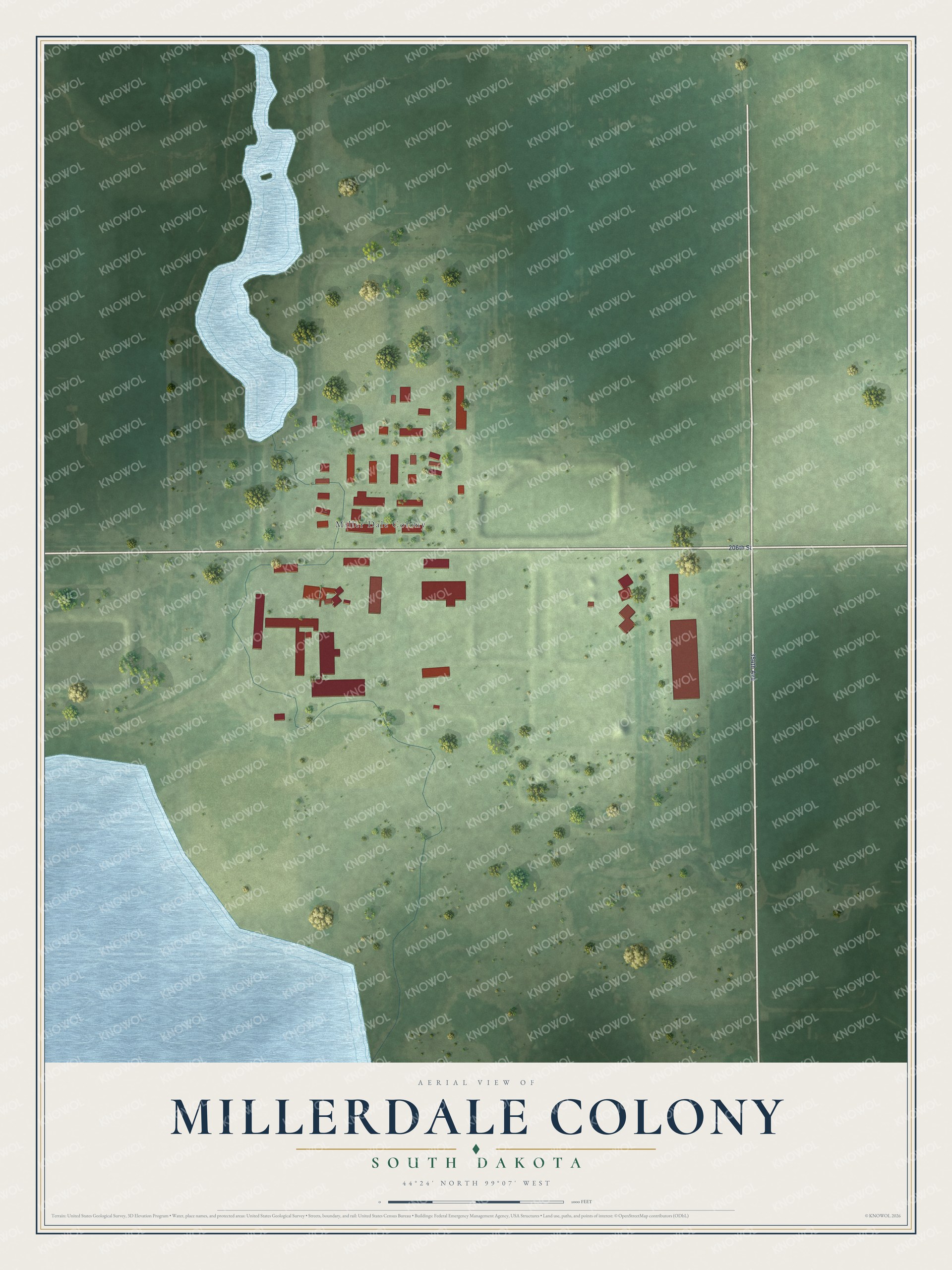 Full map of Millerdale Colony, South Dakota, with red buildings, printed street names and the land around them