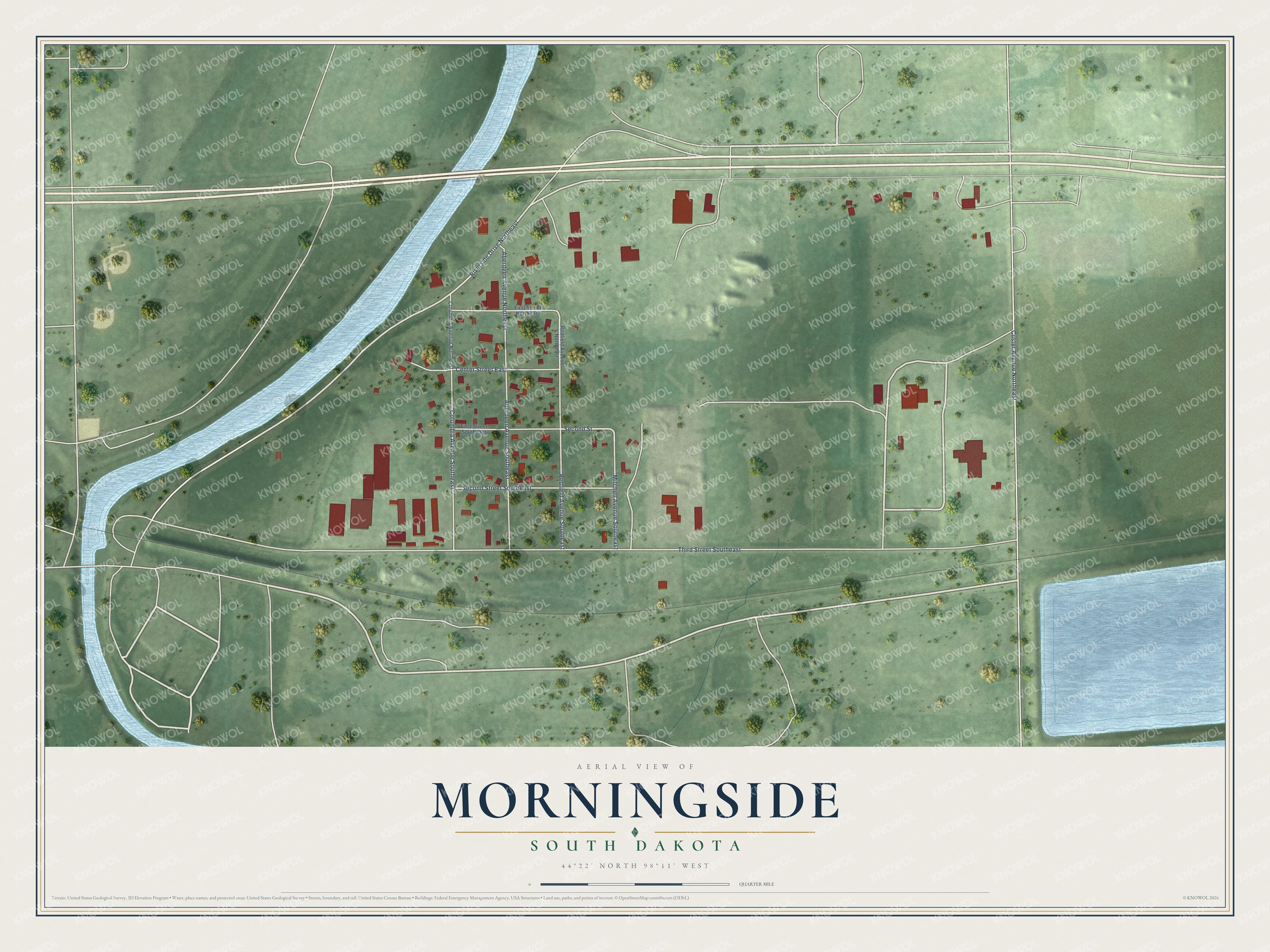 Full map of Morningside, South Dakota, with red buildings, printed street names and the land around them