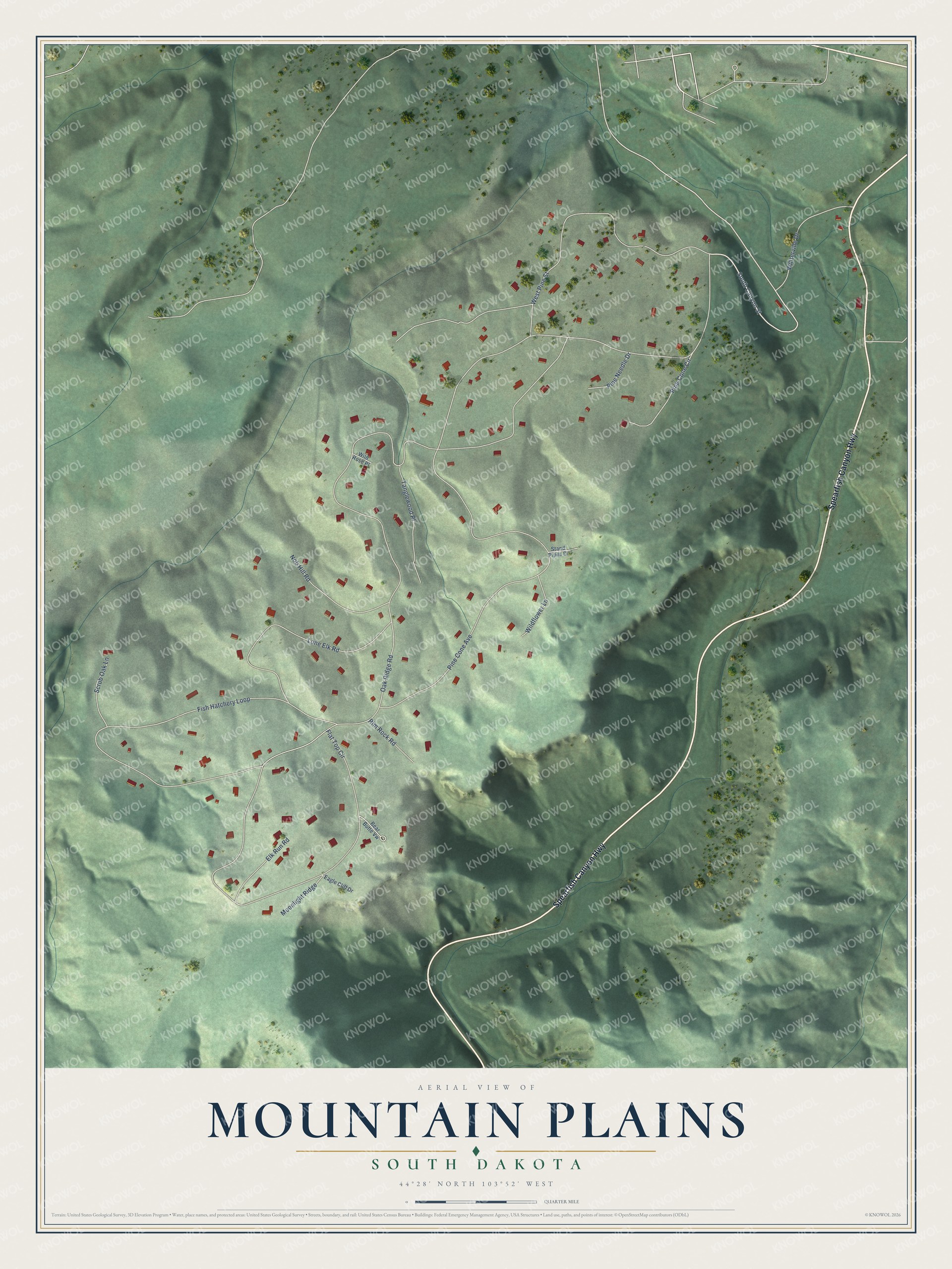 Full map of Mountain Plains, South Dakota, with red buildings, printed street names and the land around them