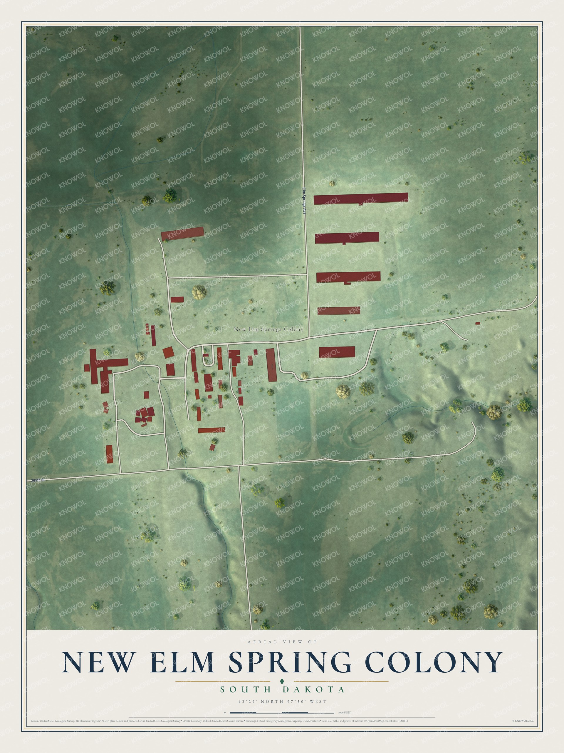 Full map of New Elm Spring Colony, South Dakota, with red buildings, printed street names and the land around them