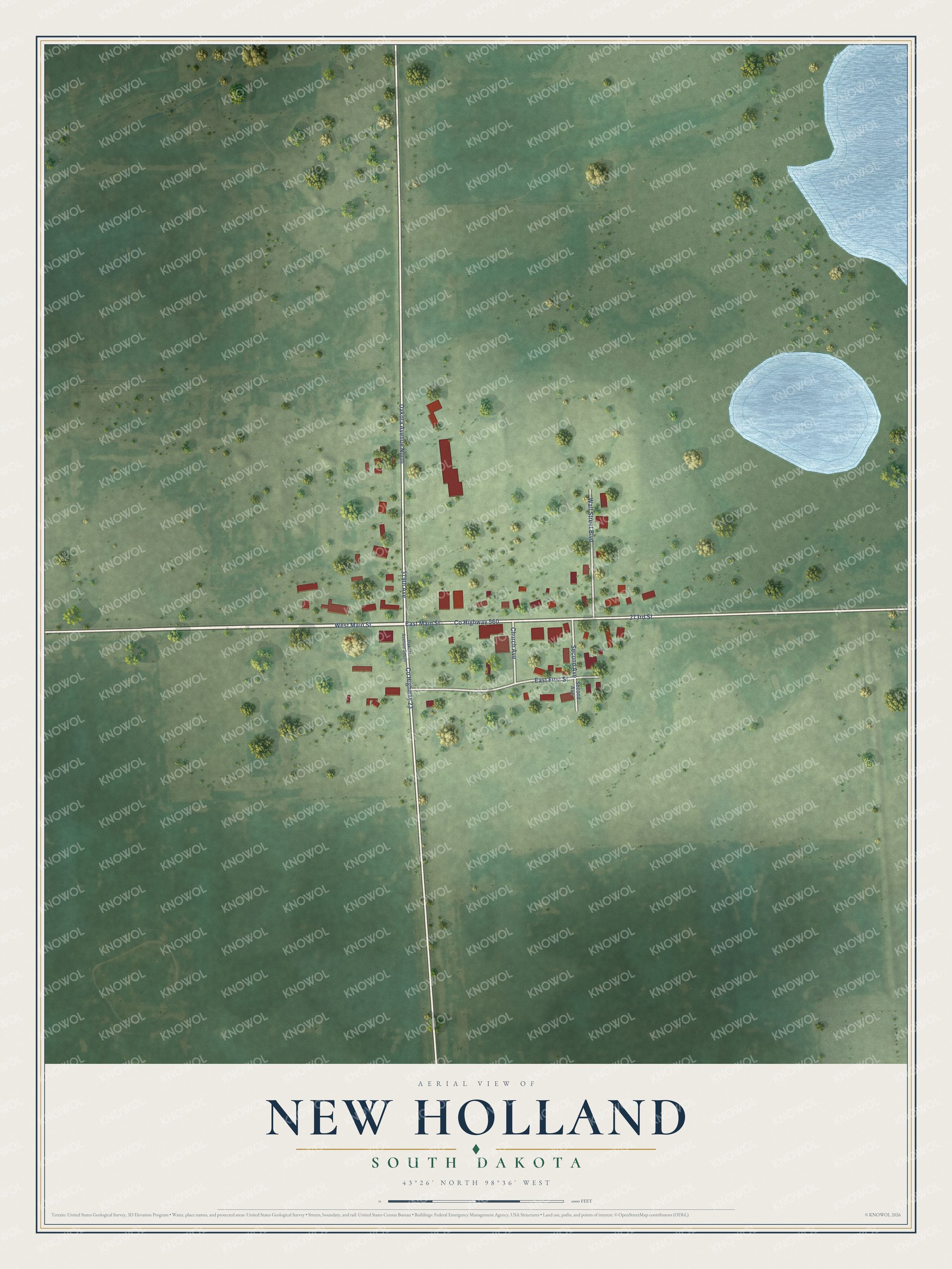 Full map of New Holland, South Dakota, with red buildings, printed street names and the land around them