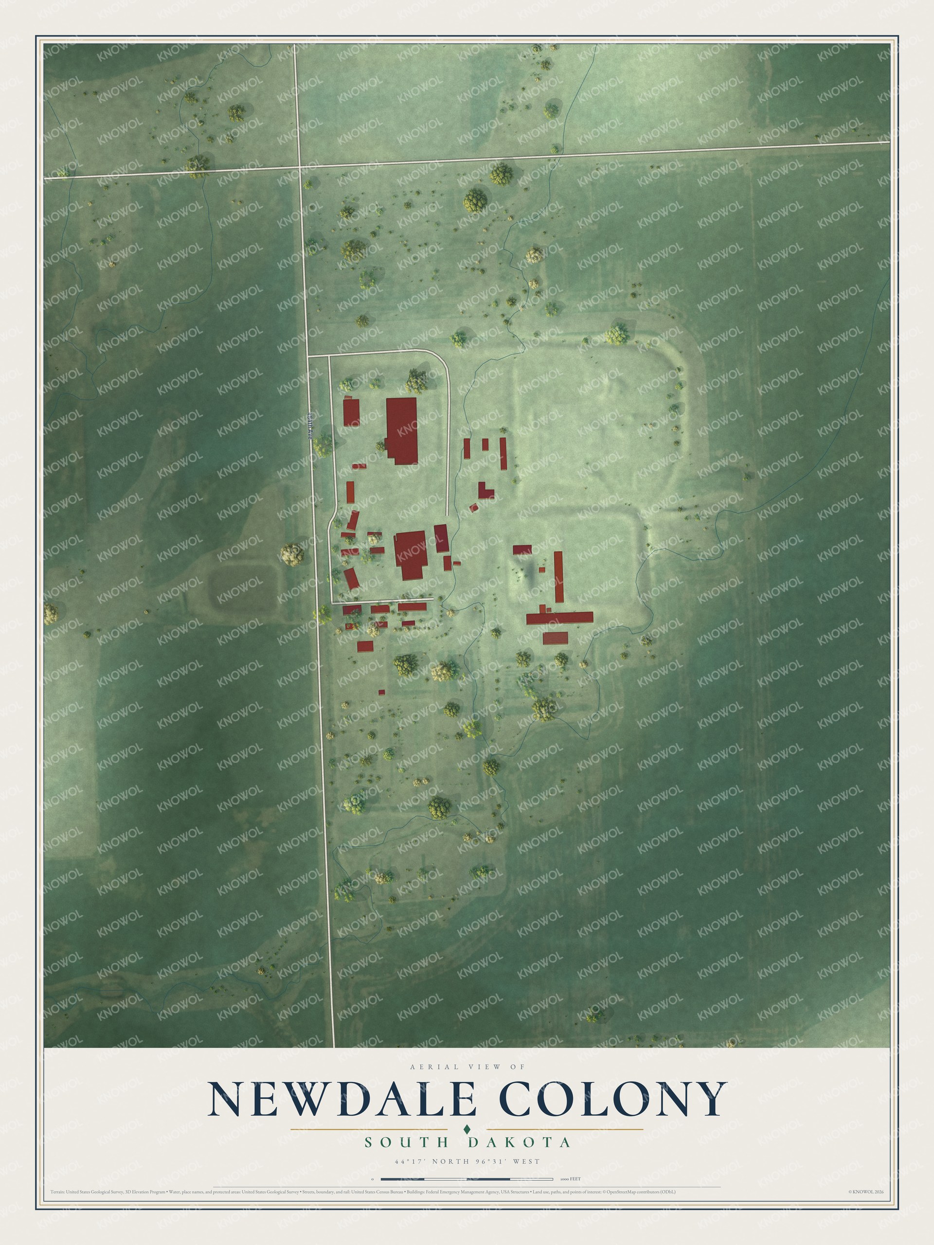 Full map of Newdale Colony, South Dakota, with red buildings, printed street names and the land around them