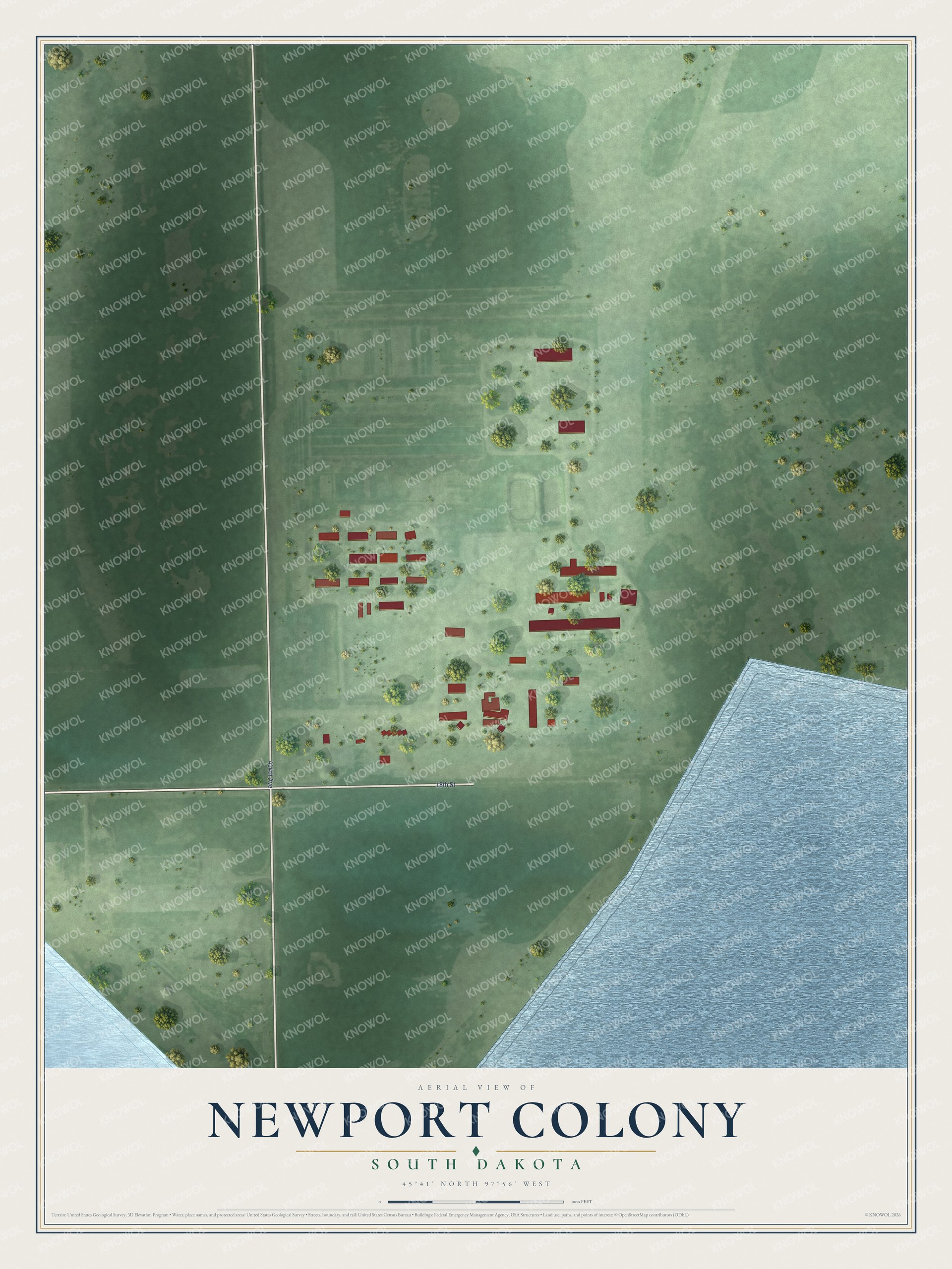 Full map of Newport Colony, South Dakota, with red buildings, printed street names and the land around them