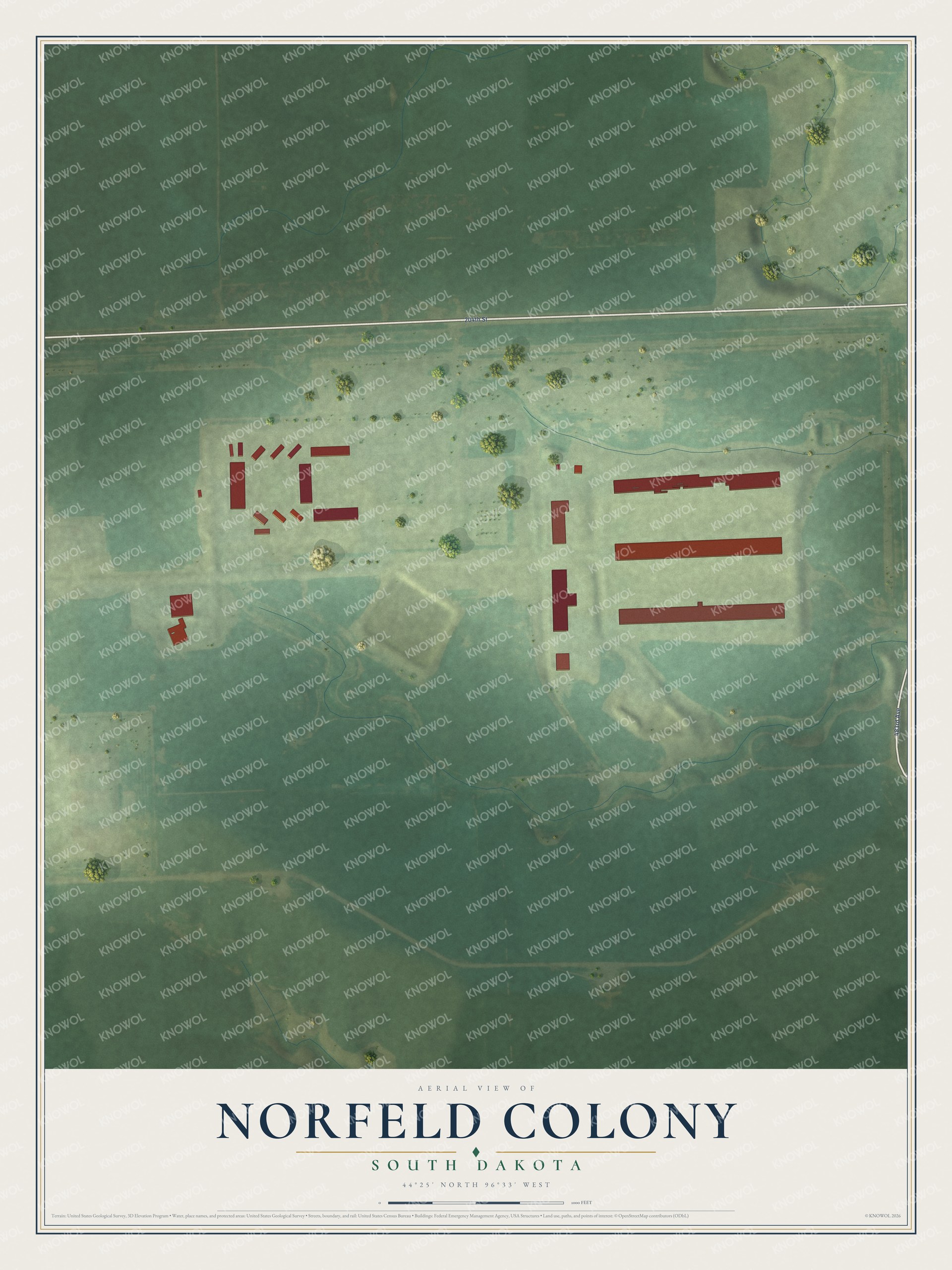 Full map of Norfeld Colony, South Dakota, with red buildings, printed street names and the land around them