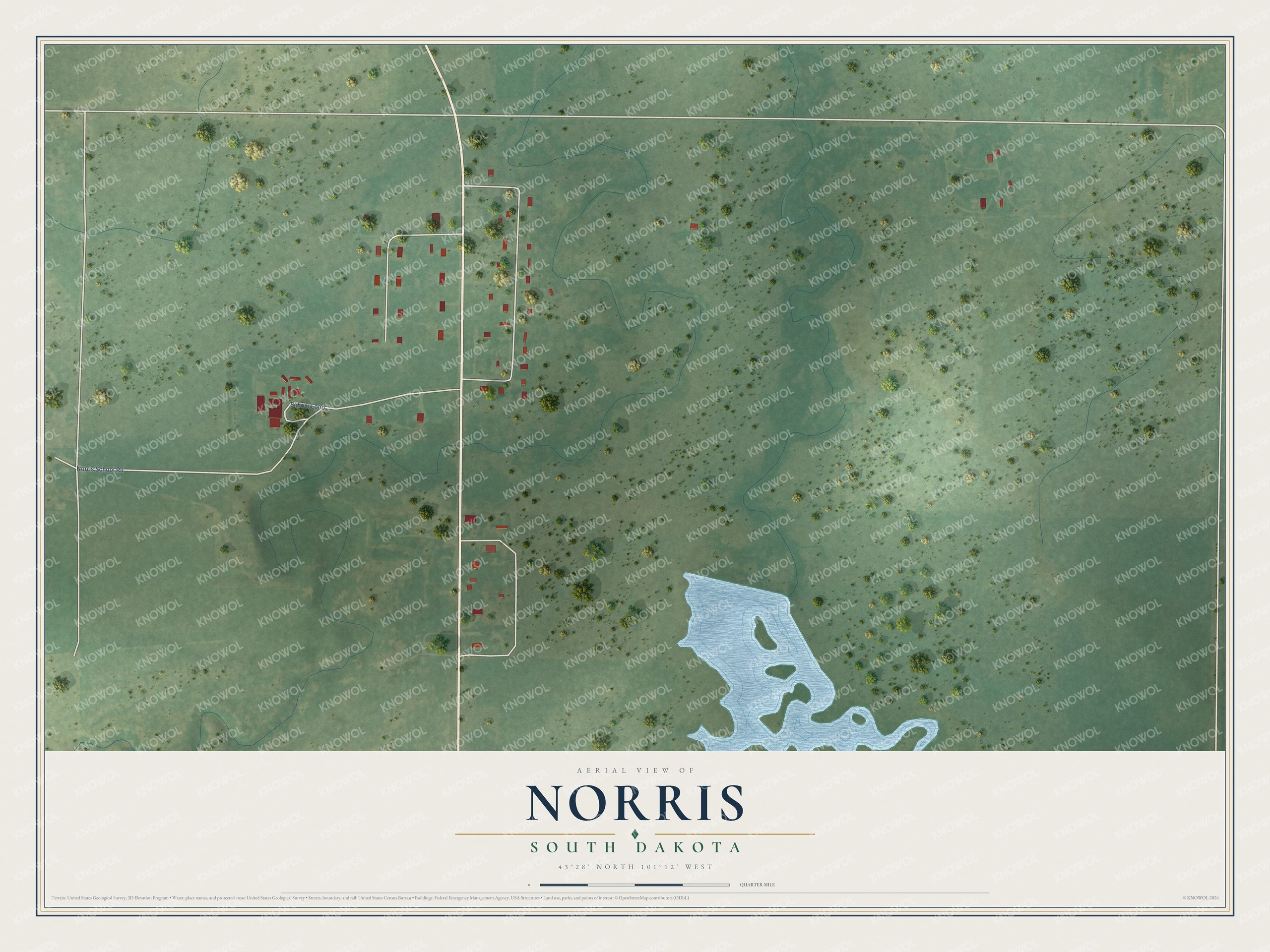 Full map of Norris, South Dakota, with red buildings, printed street names and the land around them