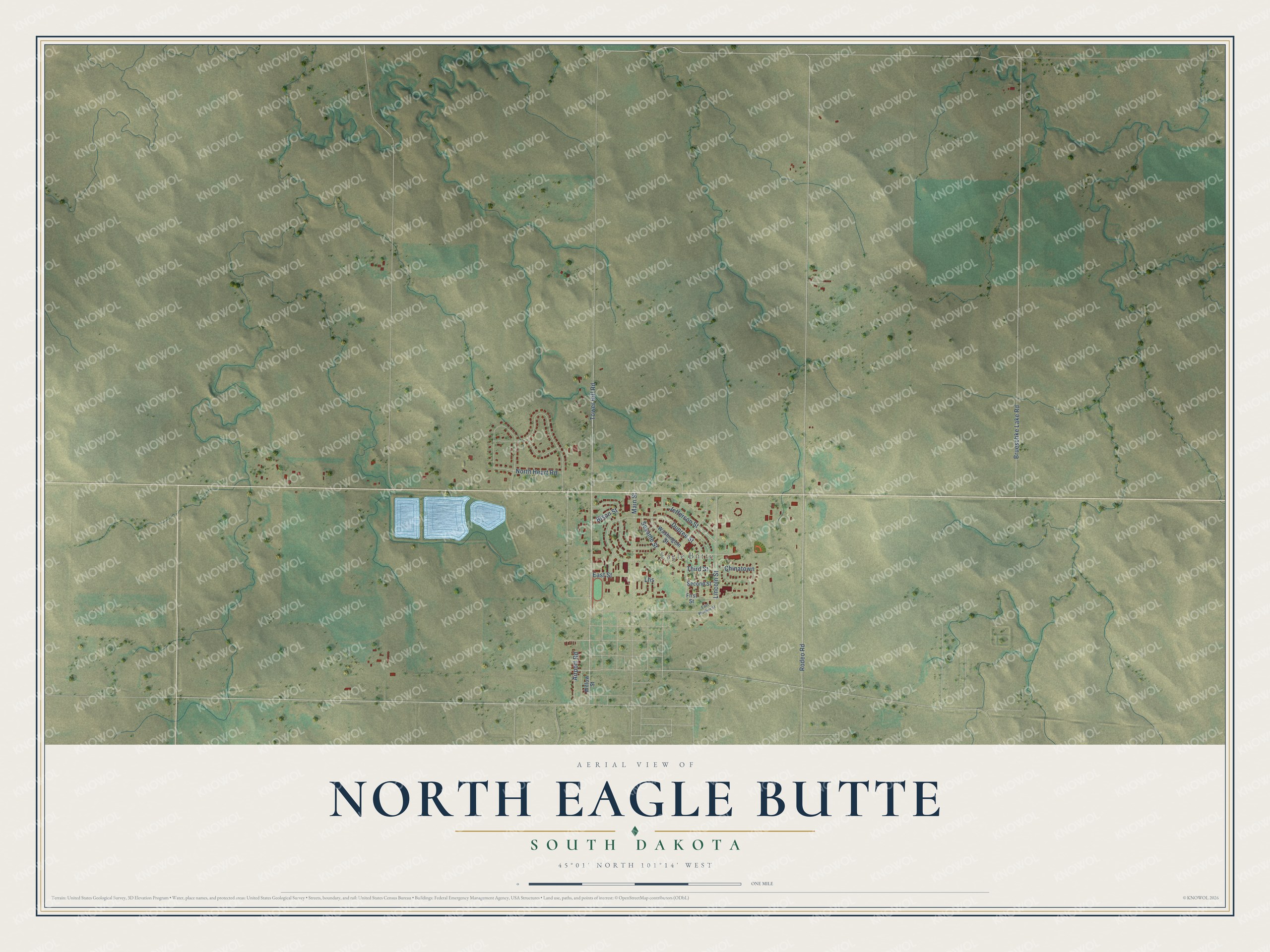 Full map of North Eagle Butte, South Dakota, with red buildings, printed street names and the land around them