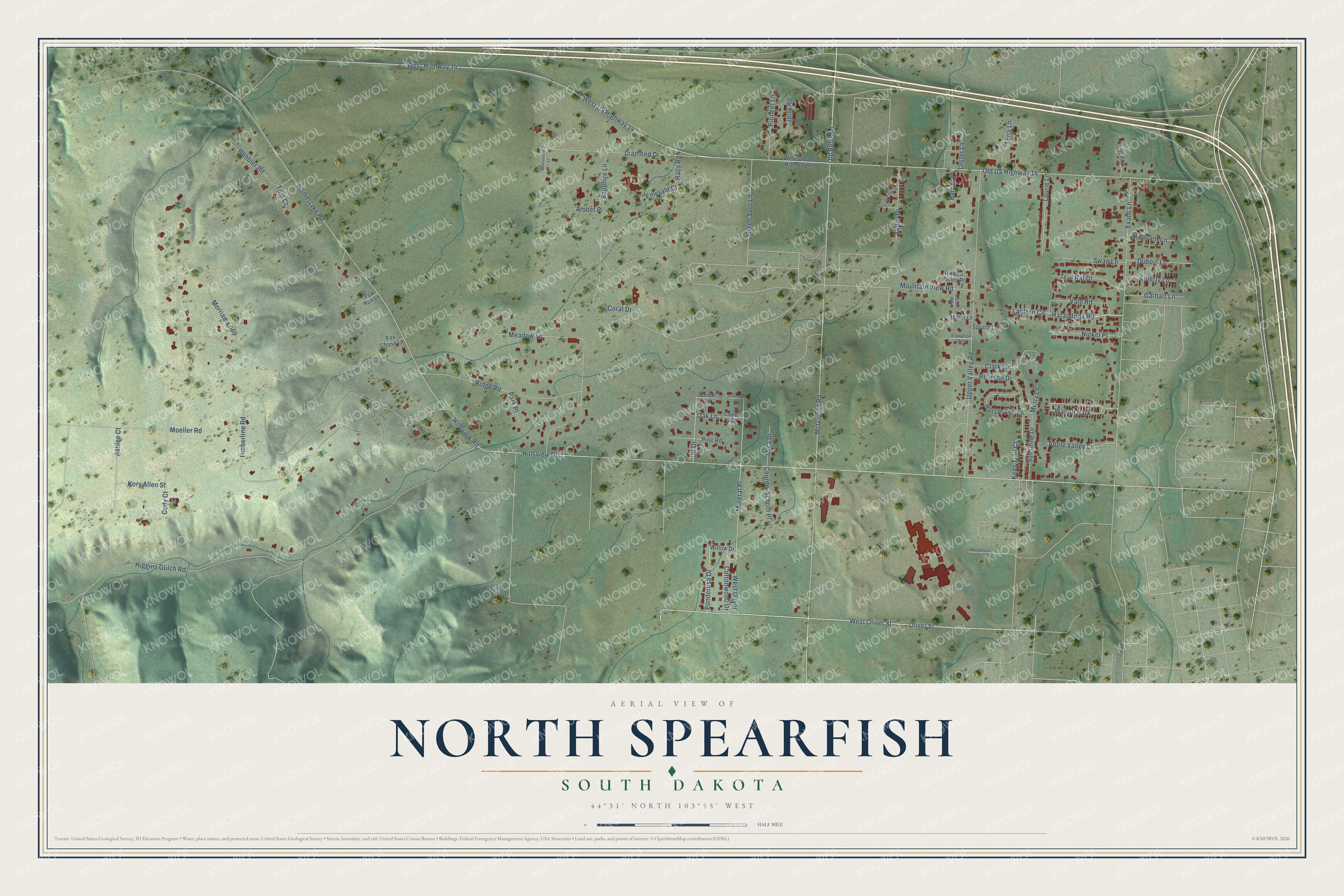 Full map of North Spearfish, South Dakota, with red buildings, printed street names and the land around them