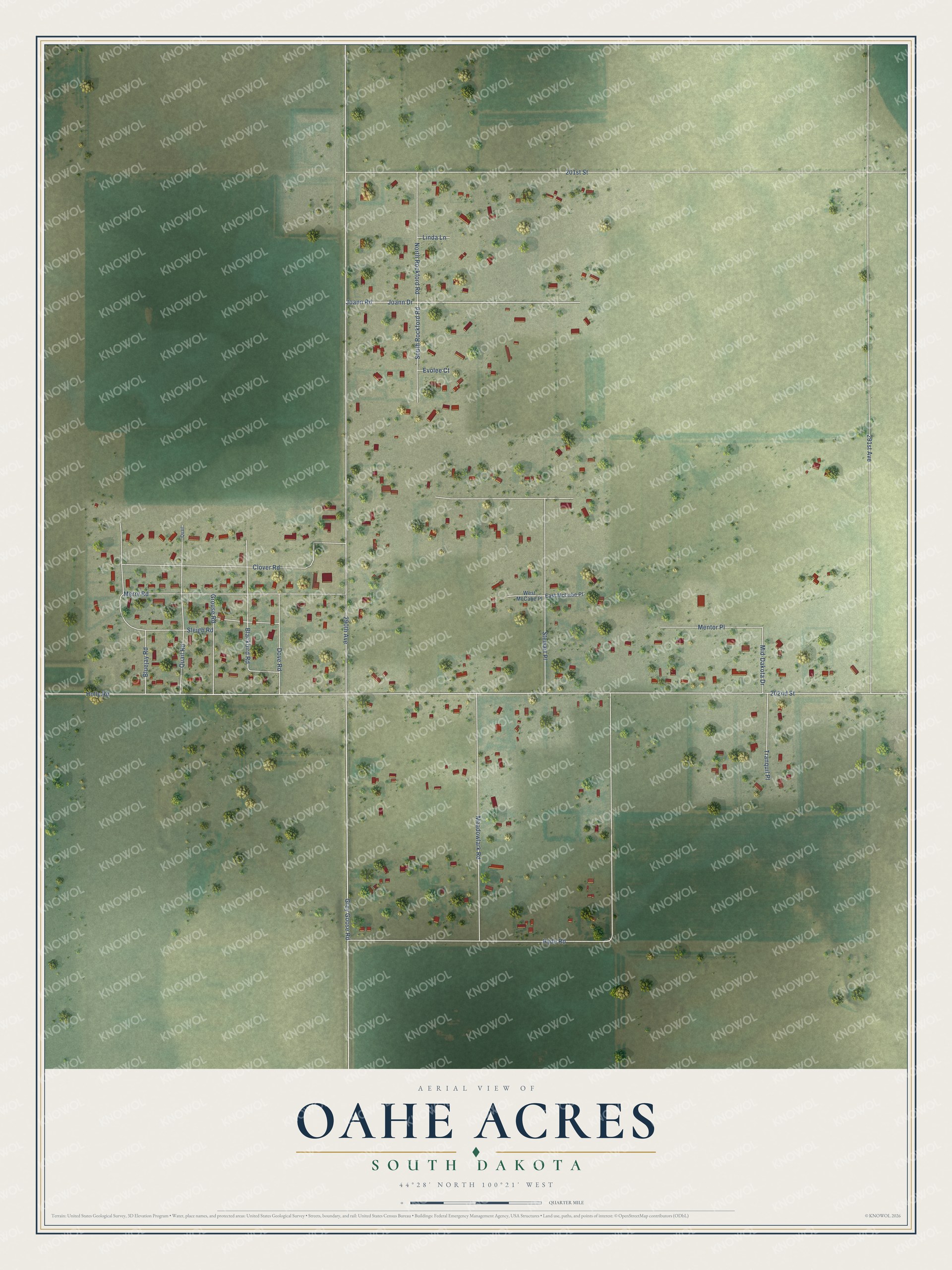 Full map of Oahe Acres, South Dakota, with red buildings, printed street names and the land around them
