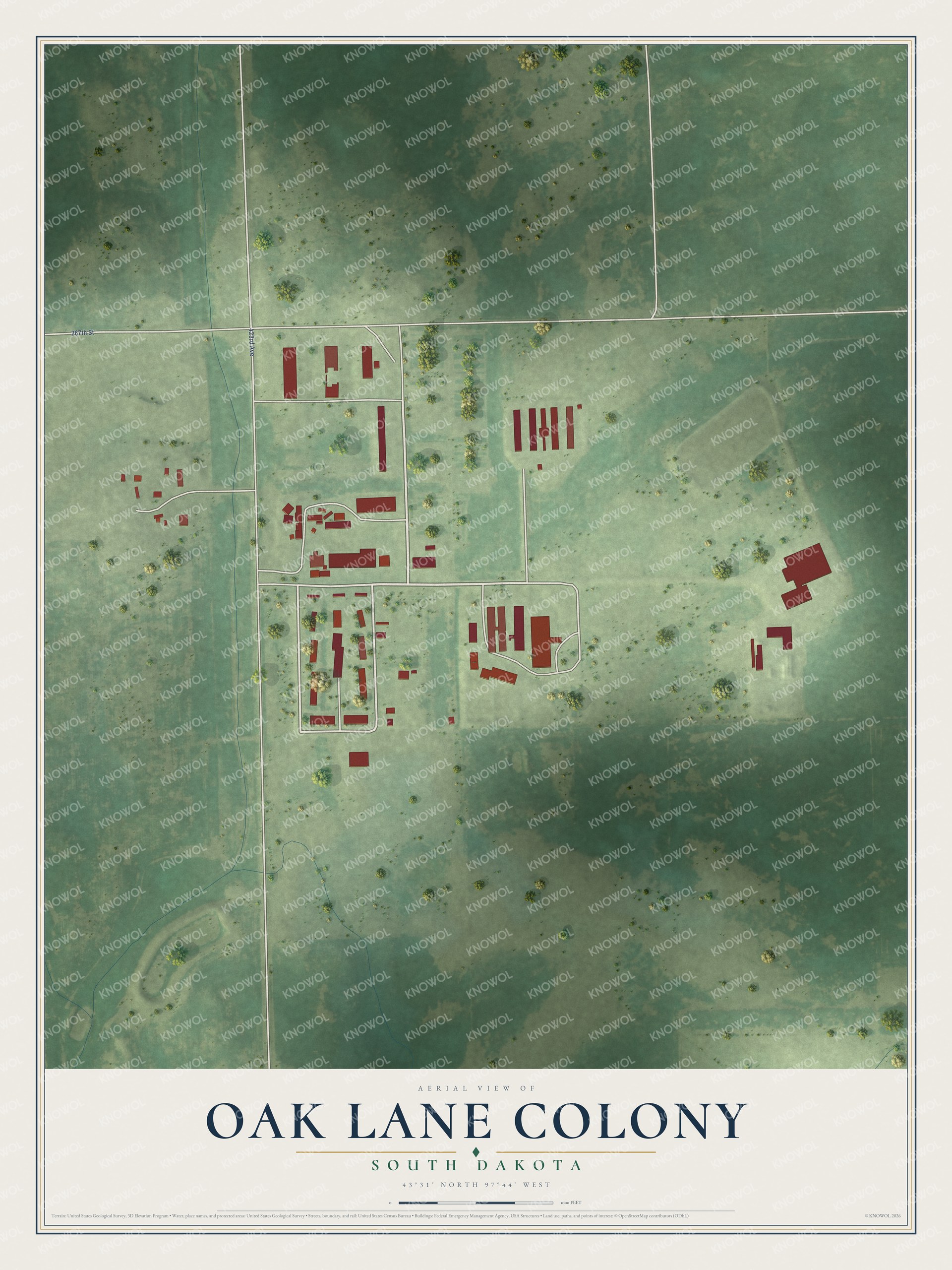 Full map of Oak Lane Colony, South Dakota, with red buildings, printed street names and the land around them