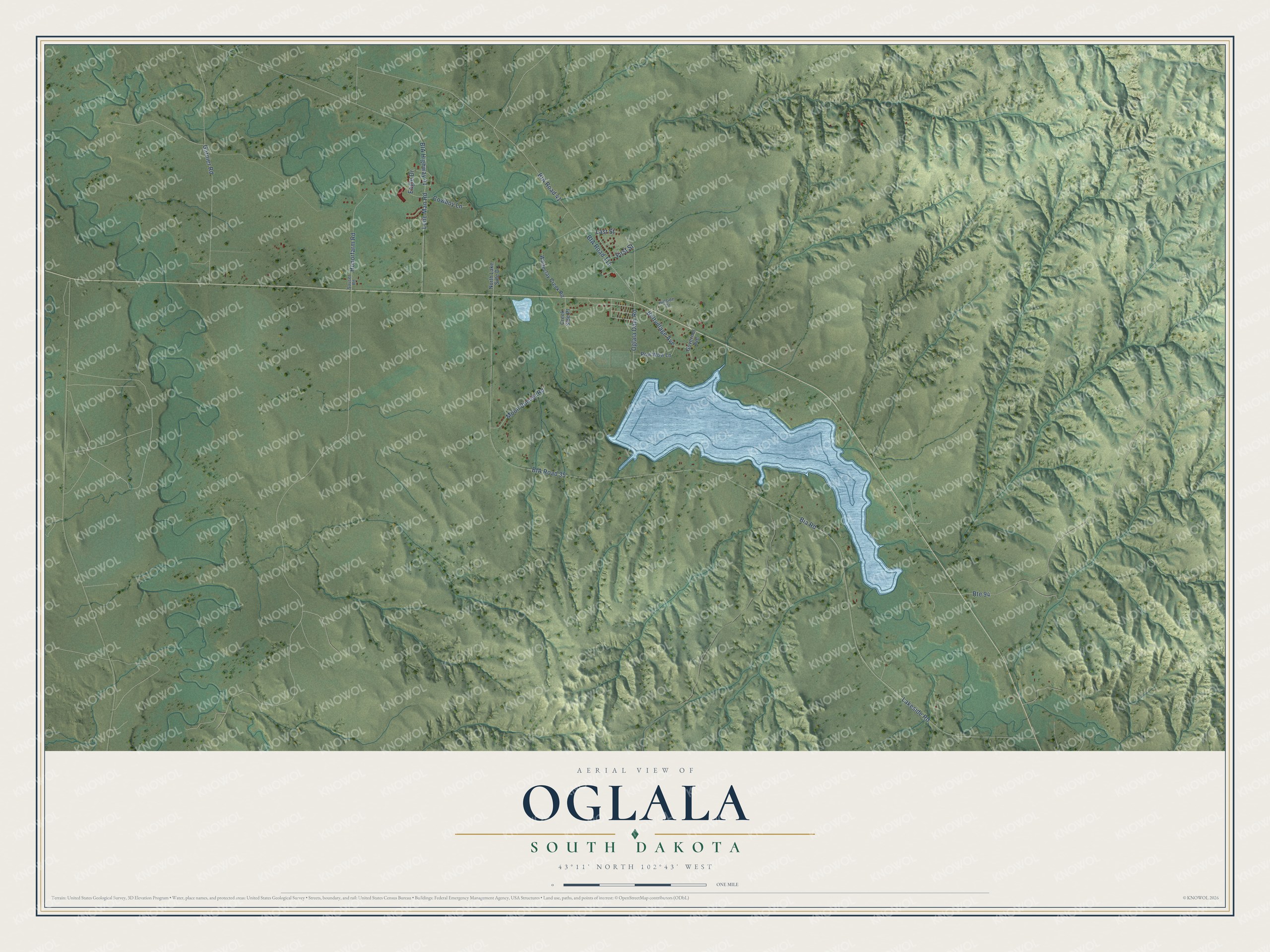 Full map of Oglala, South Dakota, with red buildings, printed street names and the land around them