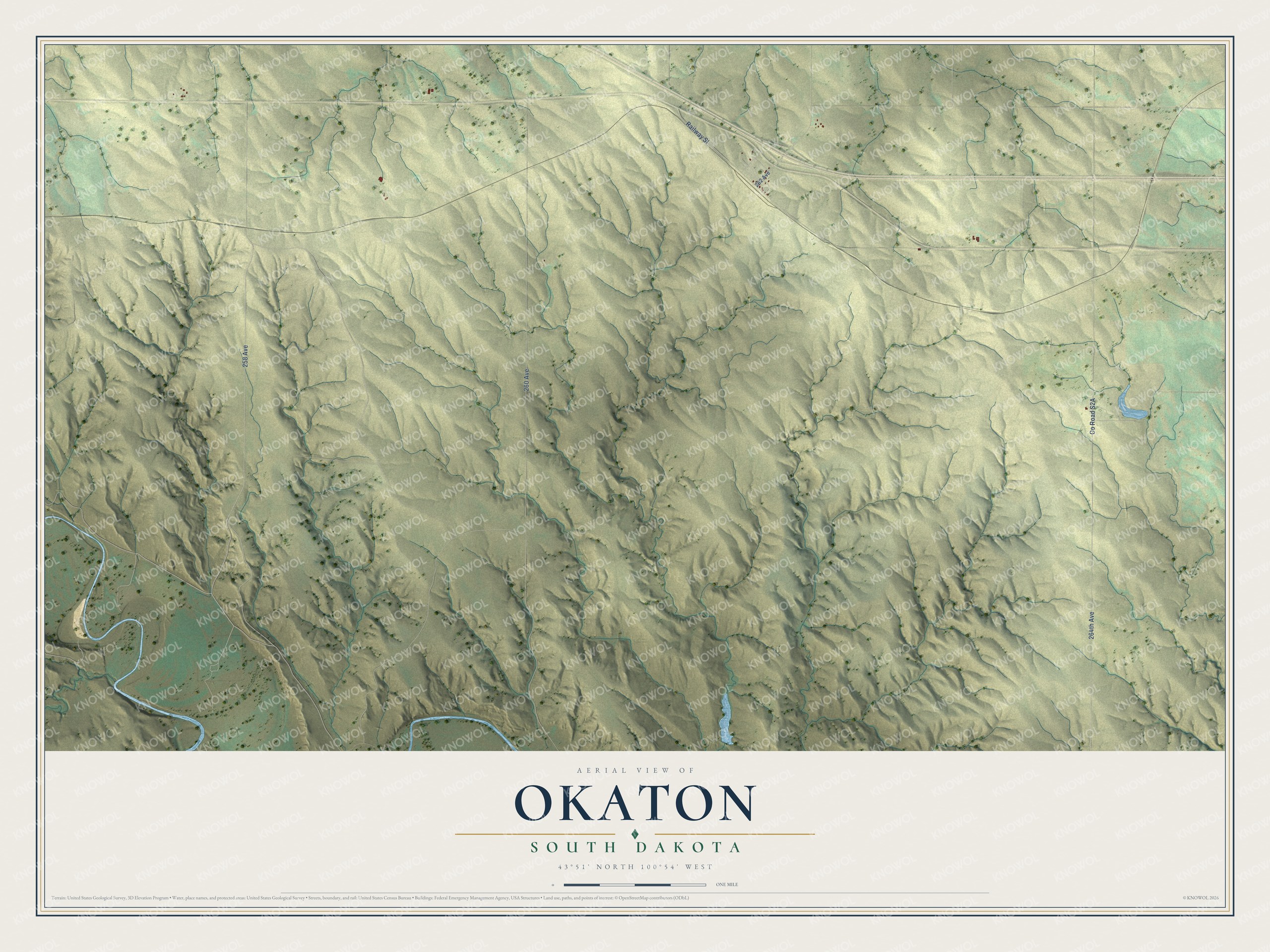 Full map of Okaton, South Dakota, with red buildings, printed street names and the land around them