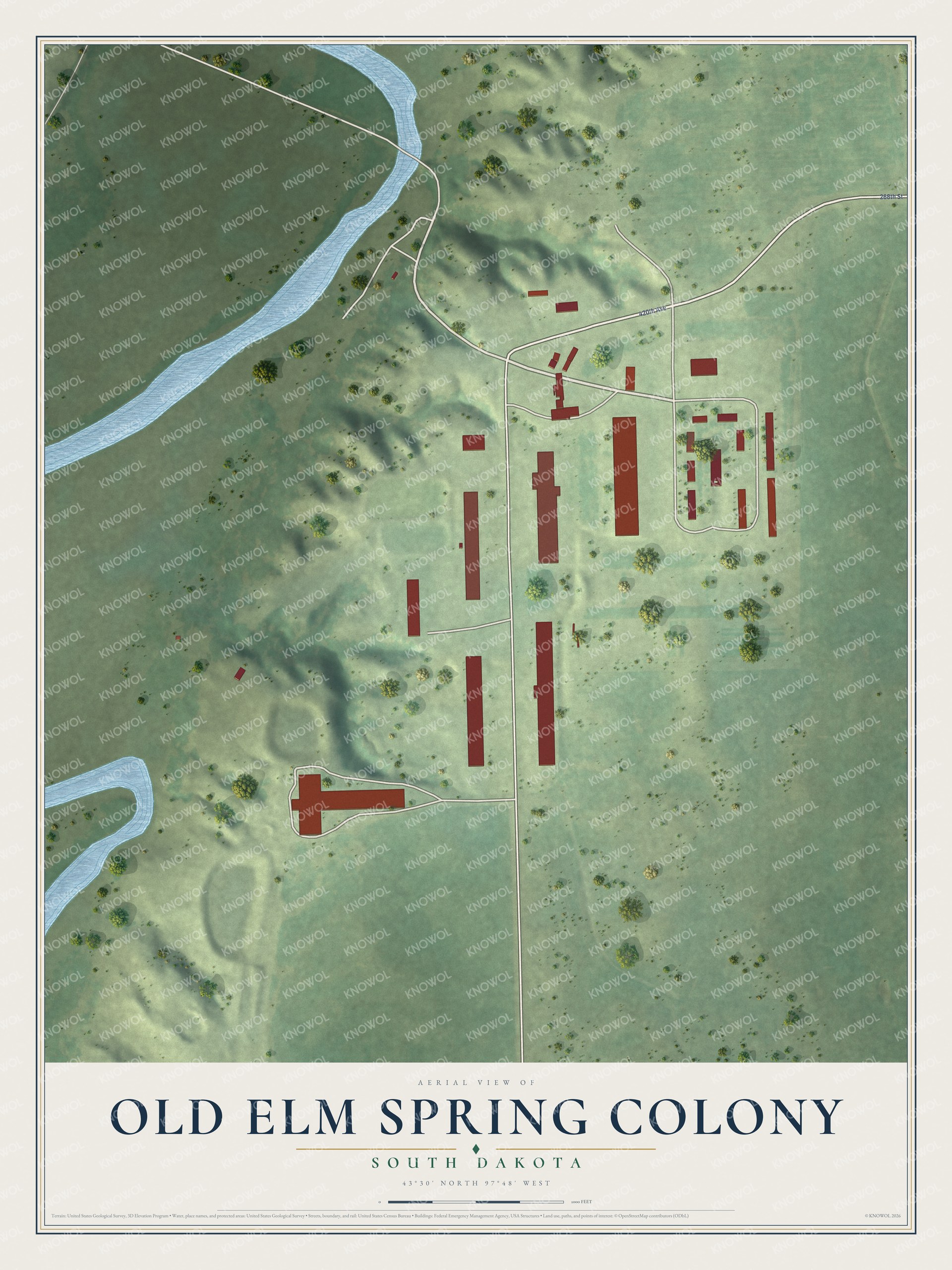 Full map of Old Elm Spring Colony, South Dakota, with red buildings, printed street names and the land around them