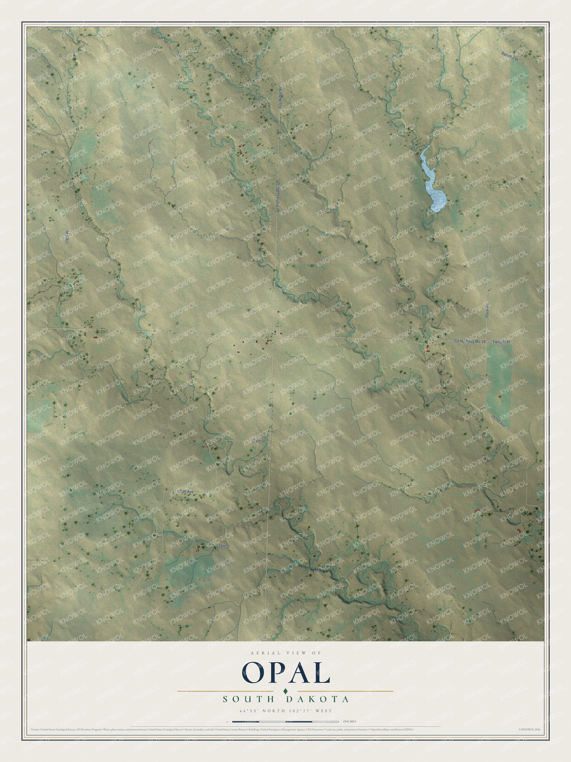 Full map of Opal, South Dakota, with red buildings, printed street names and the land around them