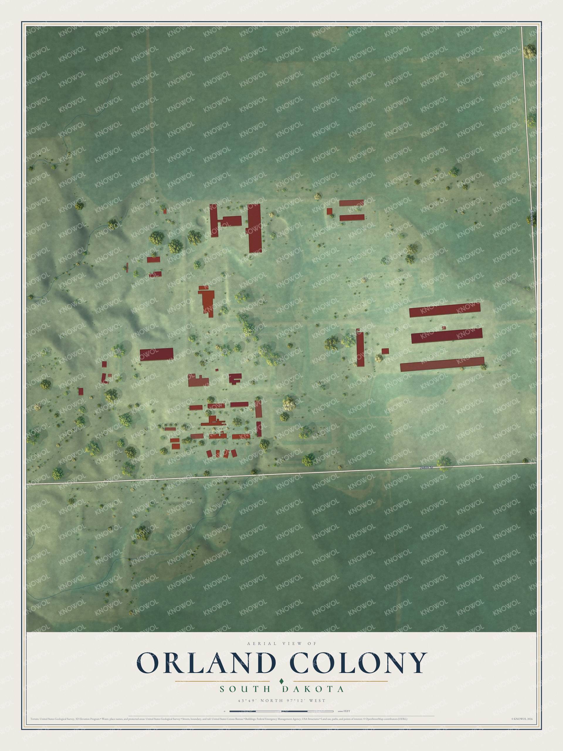 Full map of Orland Colony, South Dakota, with red buildings, printed street names and the land around them