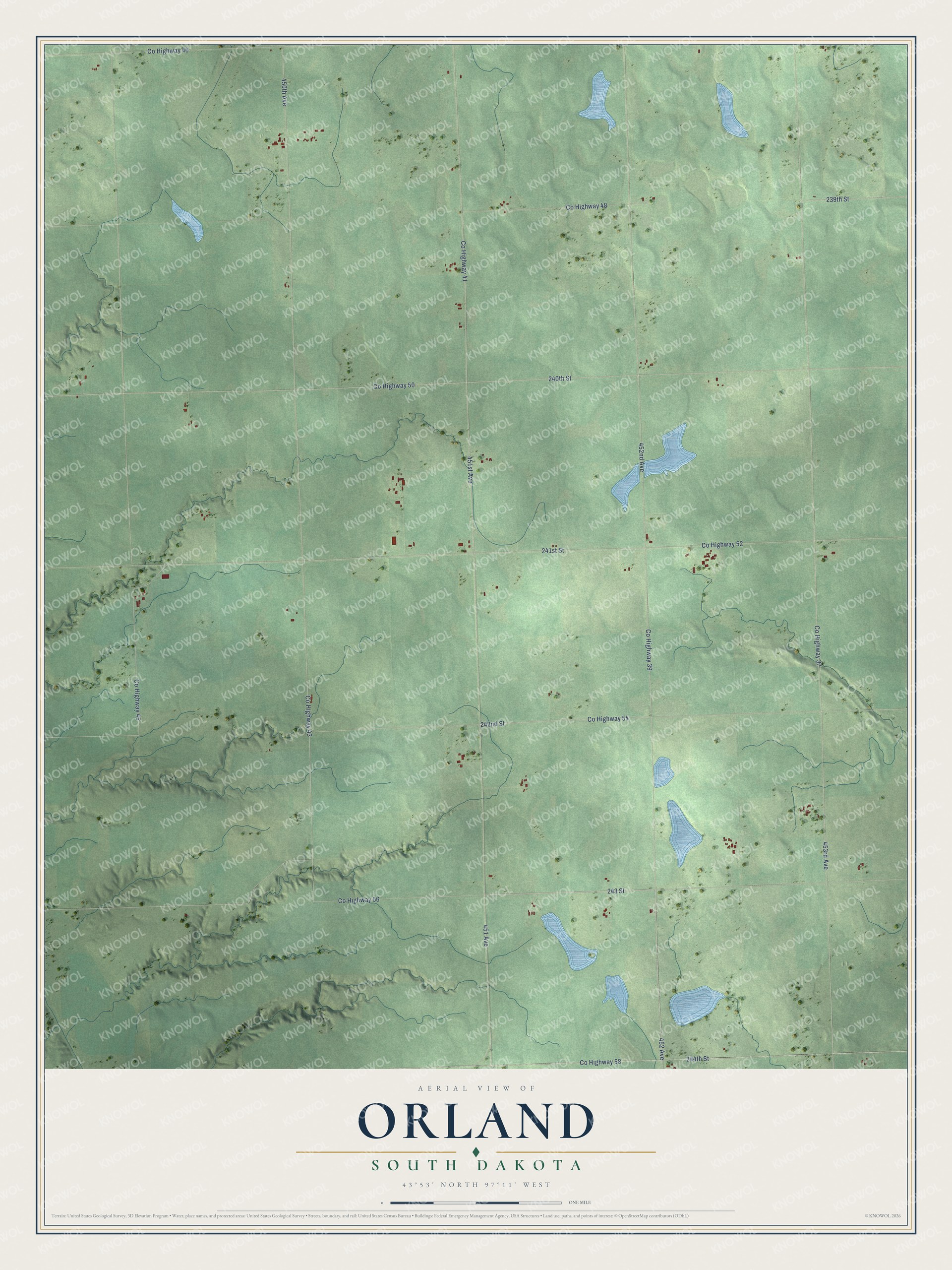 Full map of Orland, South Dakota, with red buildings, printed street names and the land around them