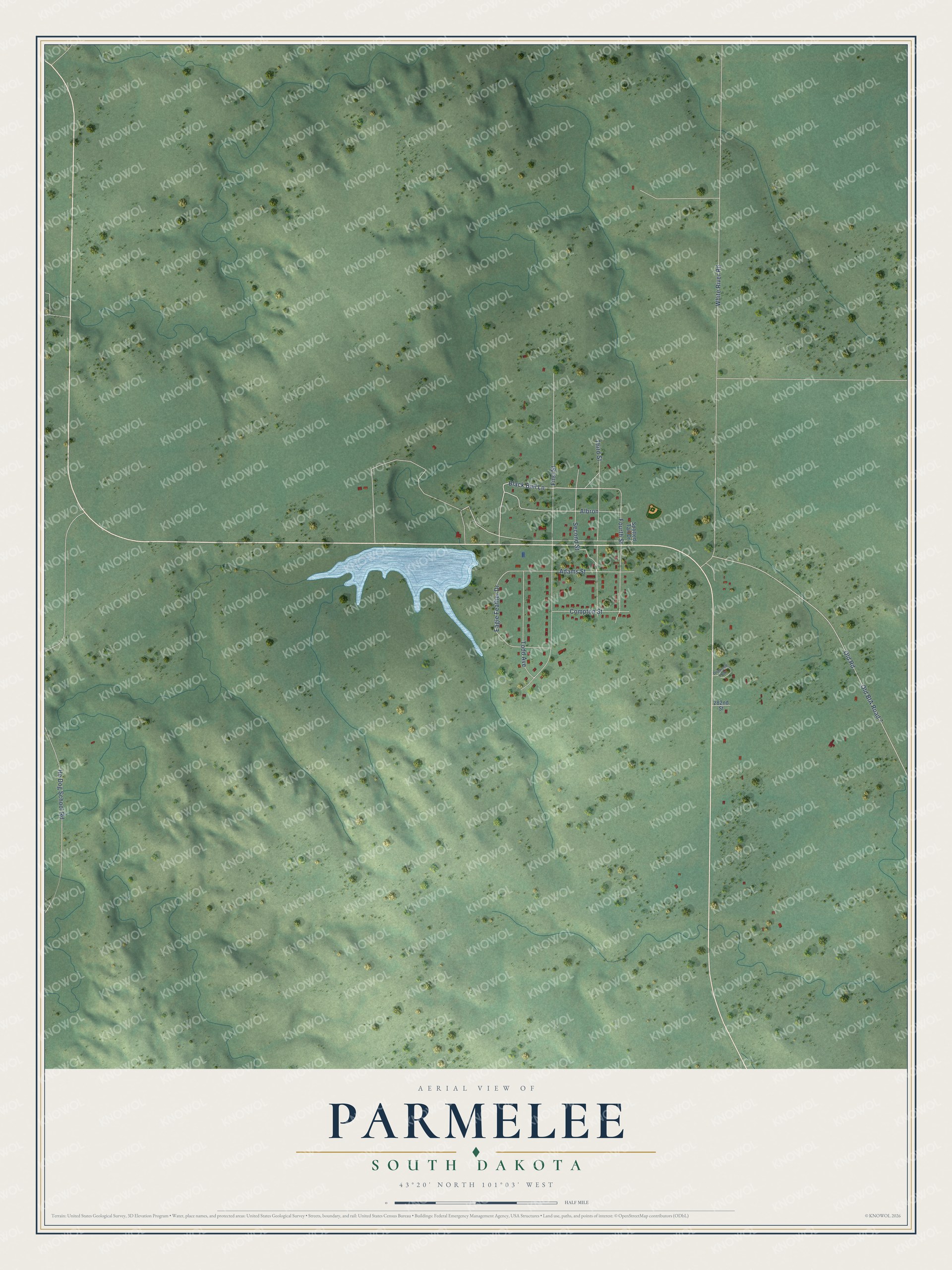 Full map of Parmelee, South Dakota, with red buildings, printed street names and the land around them