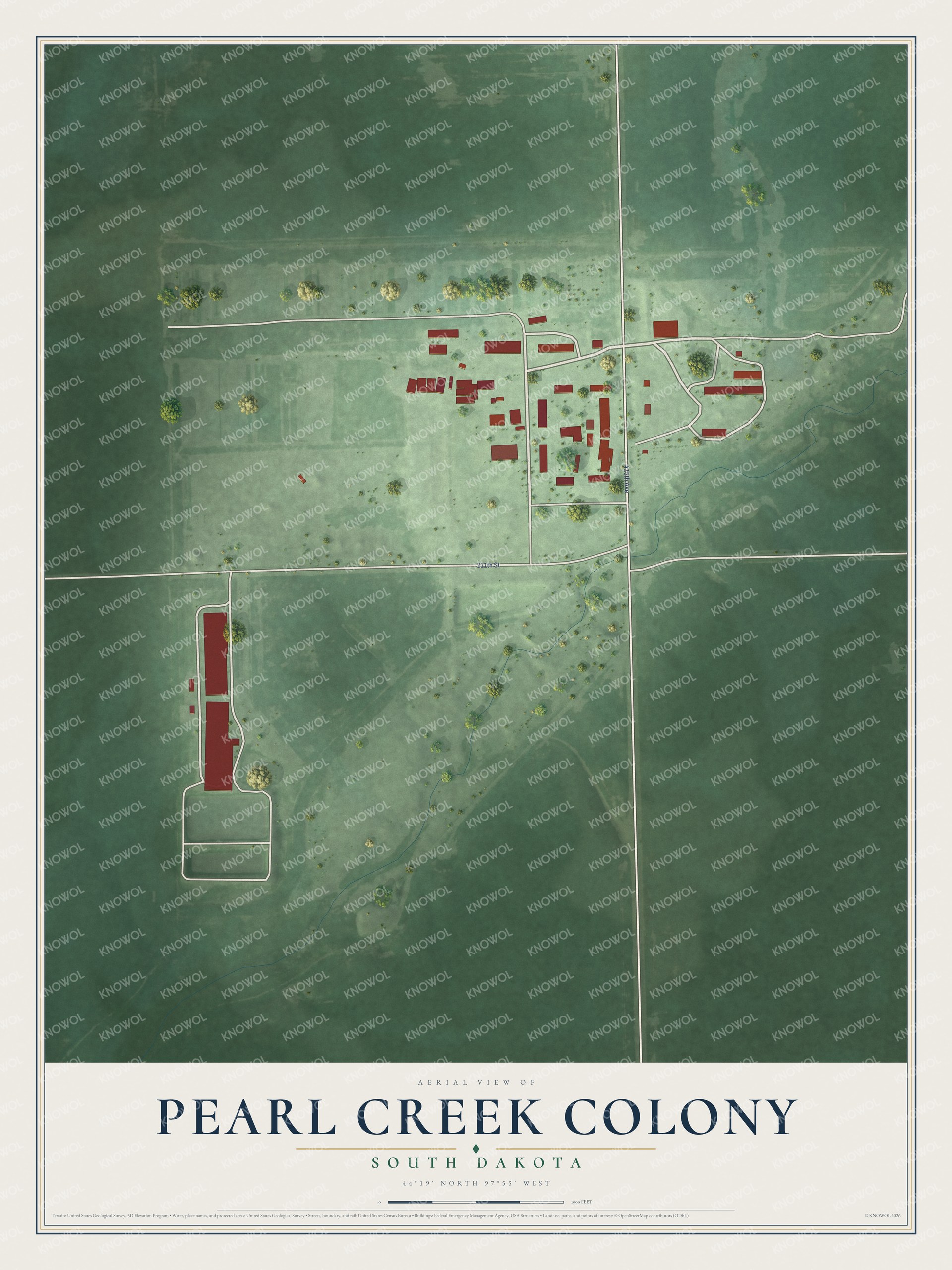 Full map of Pearl Creek Colony, South Dakota, with red buildings, printed street names and the land around them
