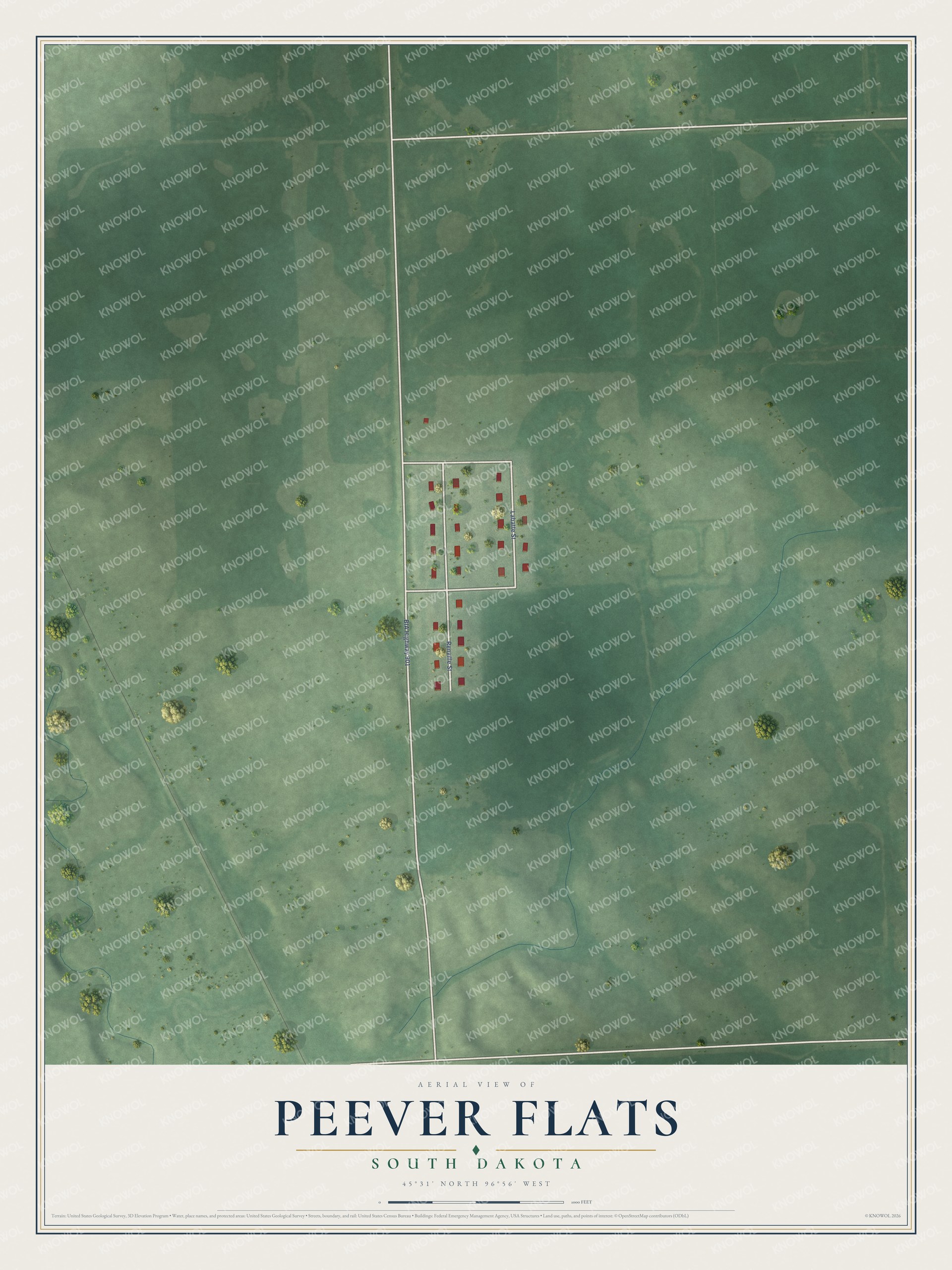 Full map of Peever Flats, South Dakota, with red buildings, printed street names and the land around them