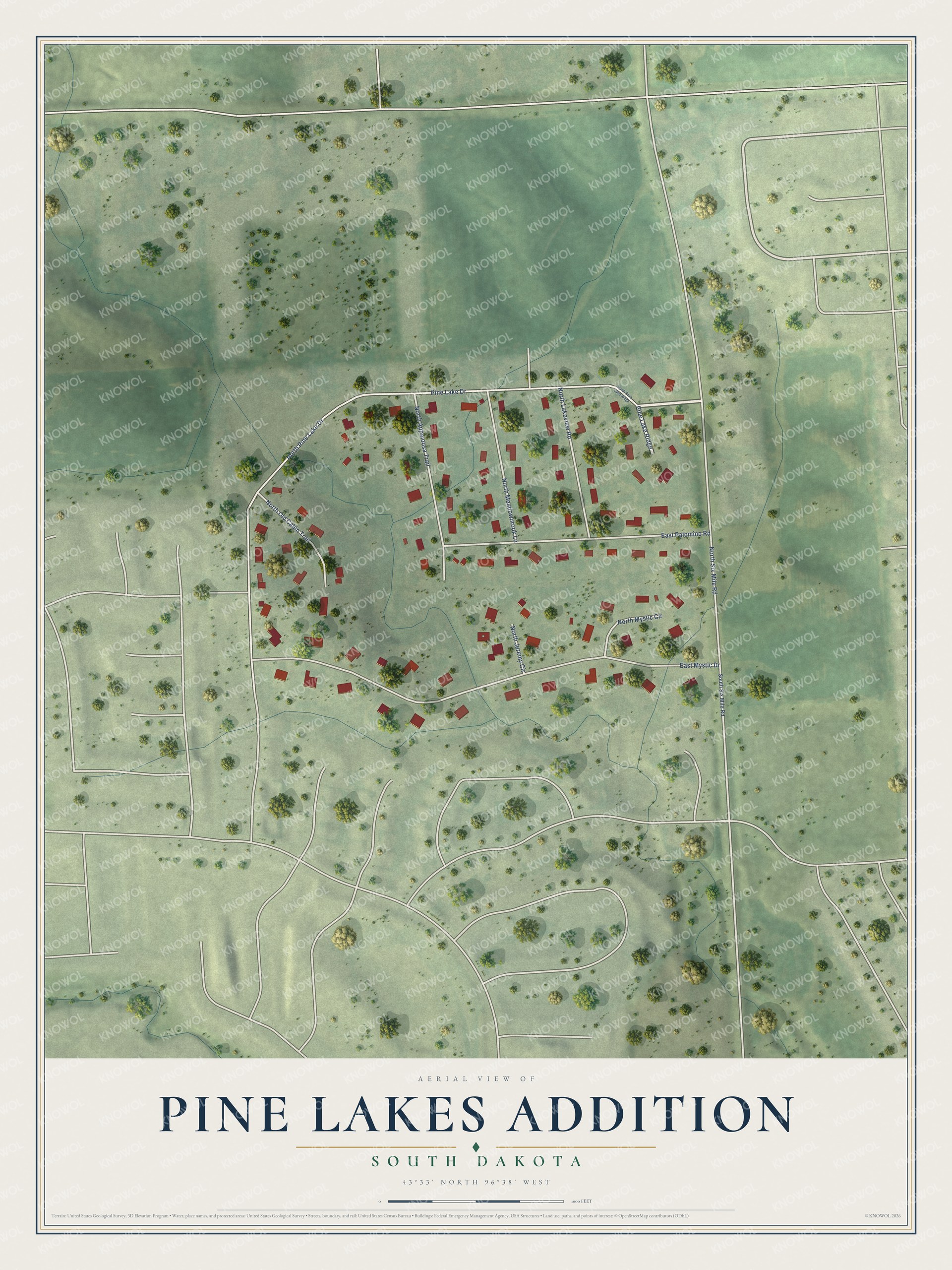 Full map of Pine Lakes Addition, South Dakota, with red buildings, printed street names and the land around them