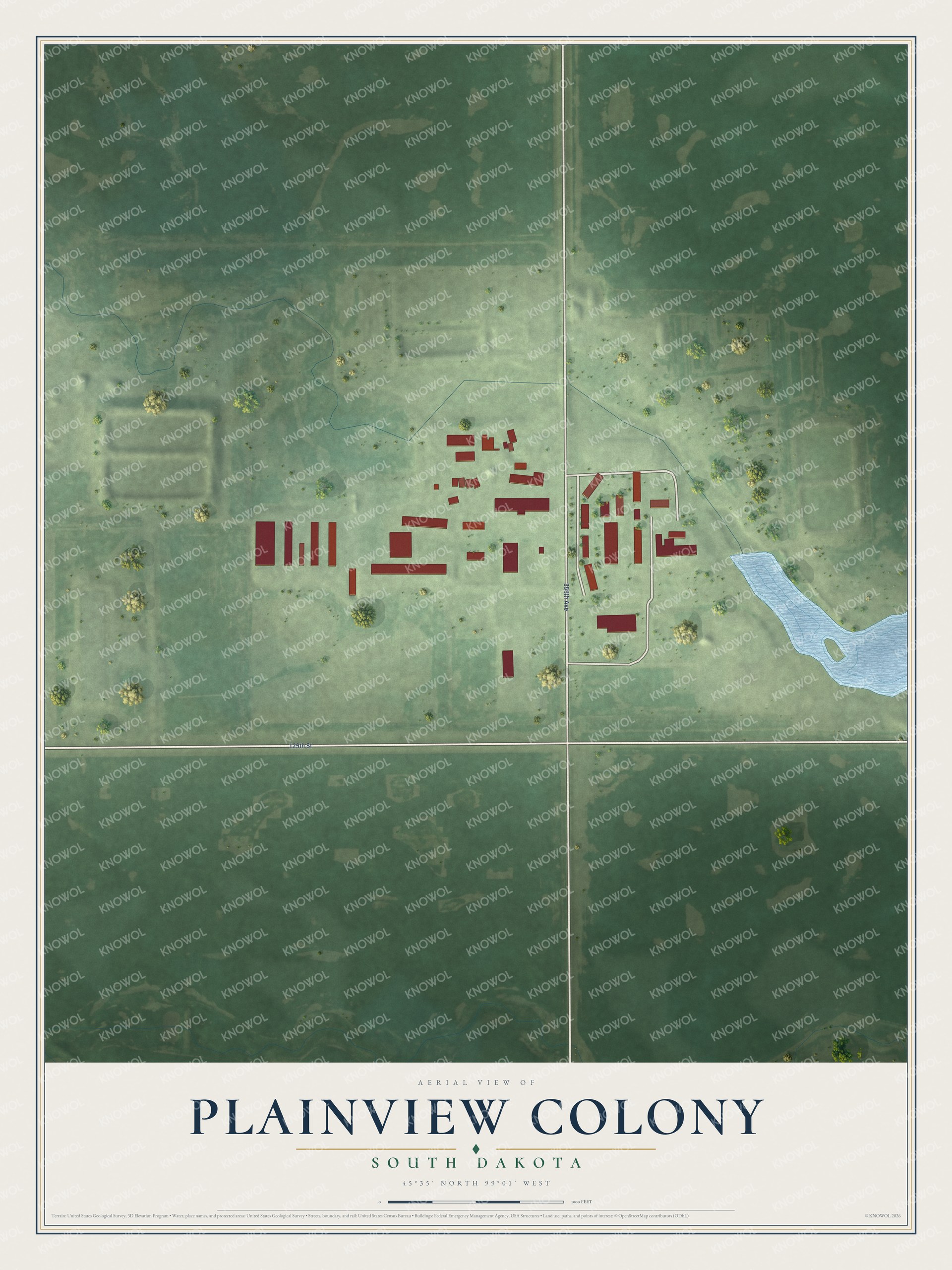 Full map of Plainview Colony, South Dakota, with red buildings, printed street names and the land around them