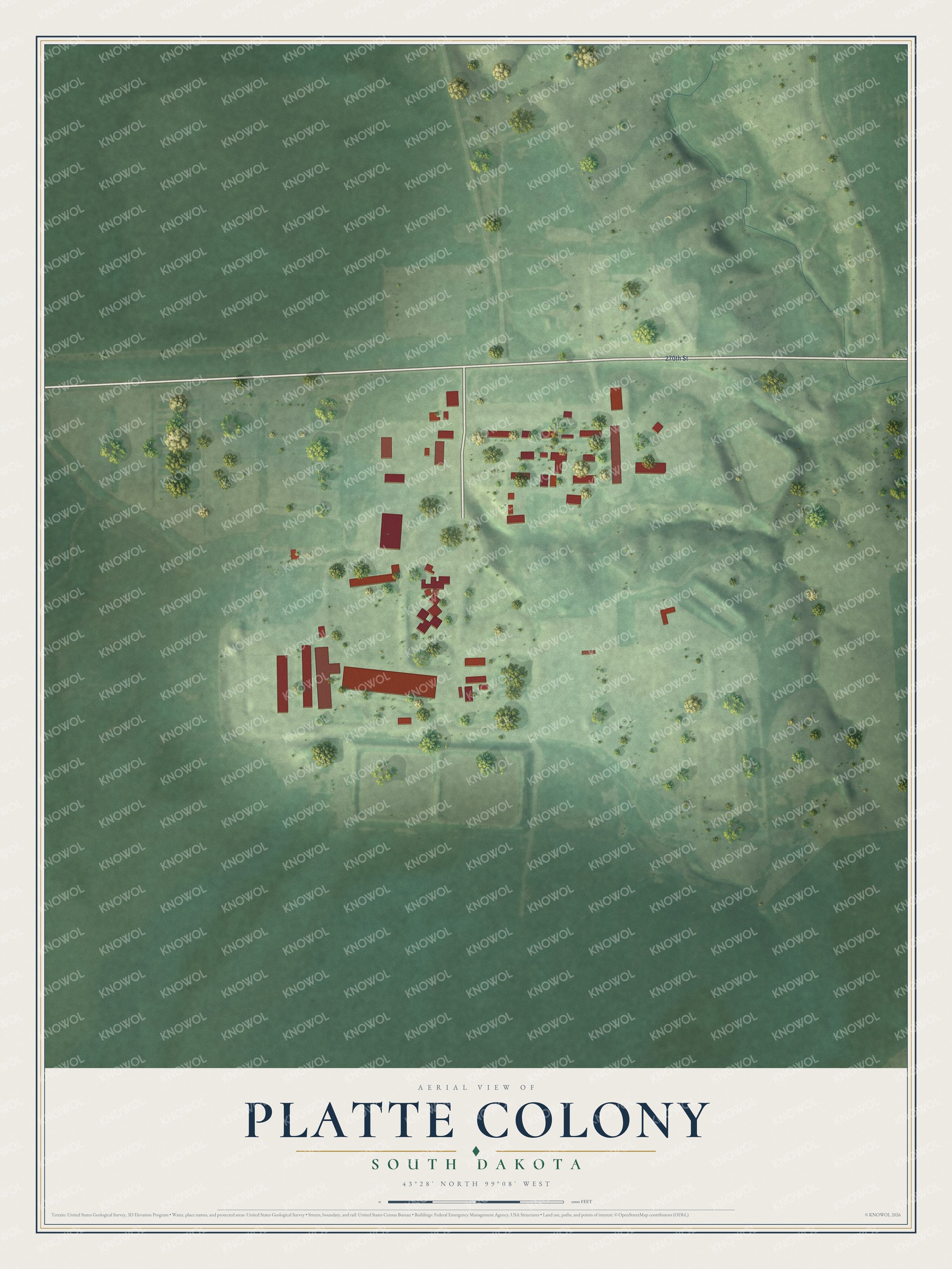 Full map of Platte Colony, South Dakota, with red buildings, printed street names and the land around them