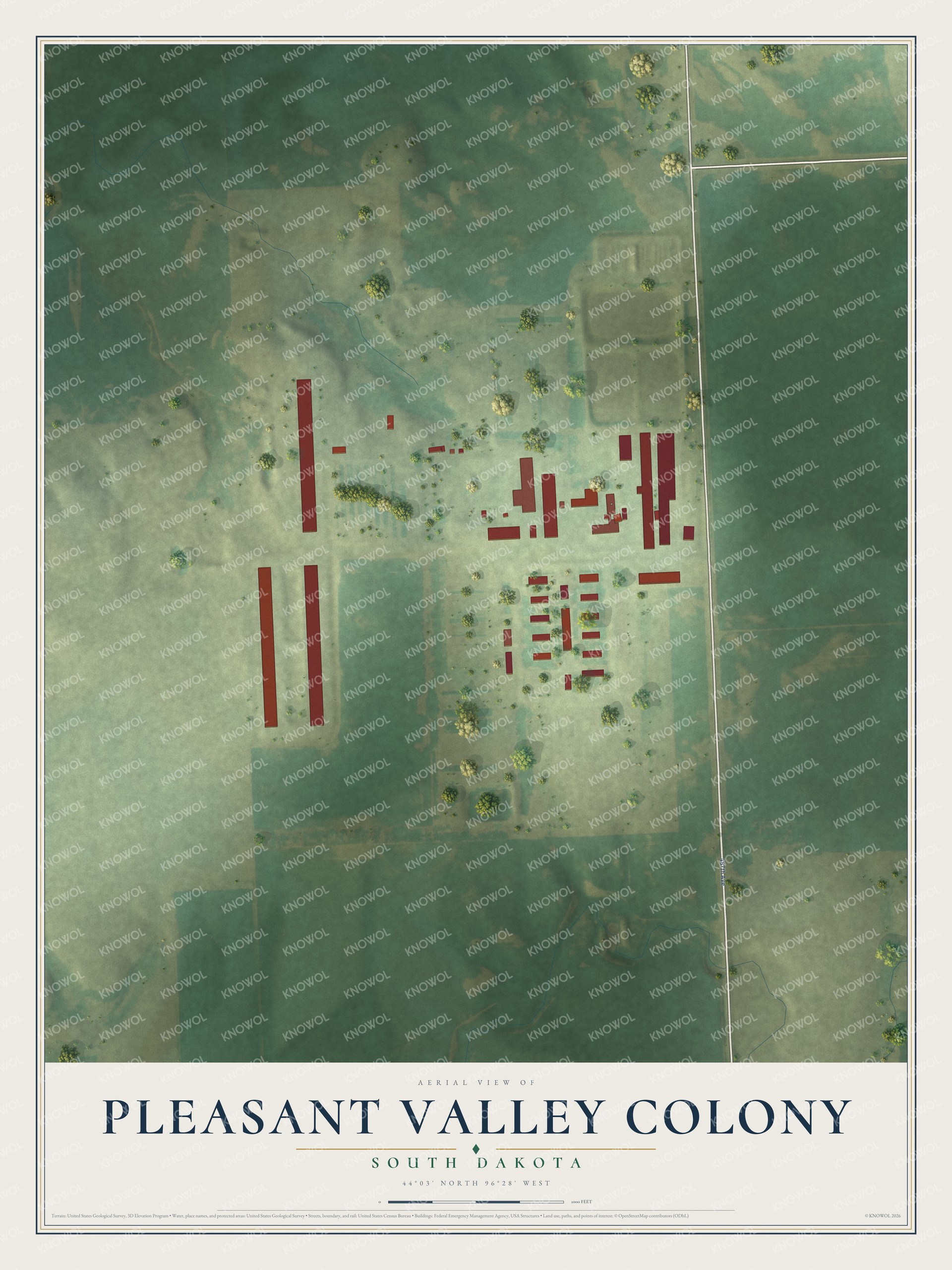 Full map of Pleasant Valley Colony, South Dakota, with red buildings, printed street names and the land around them
