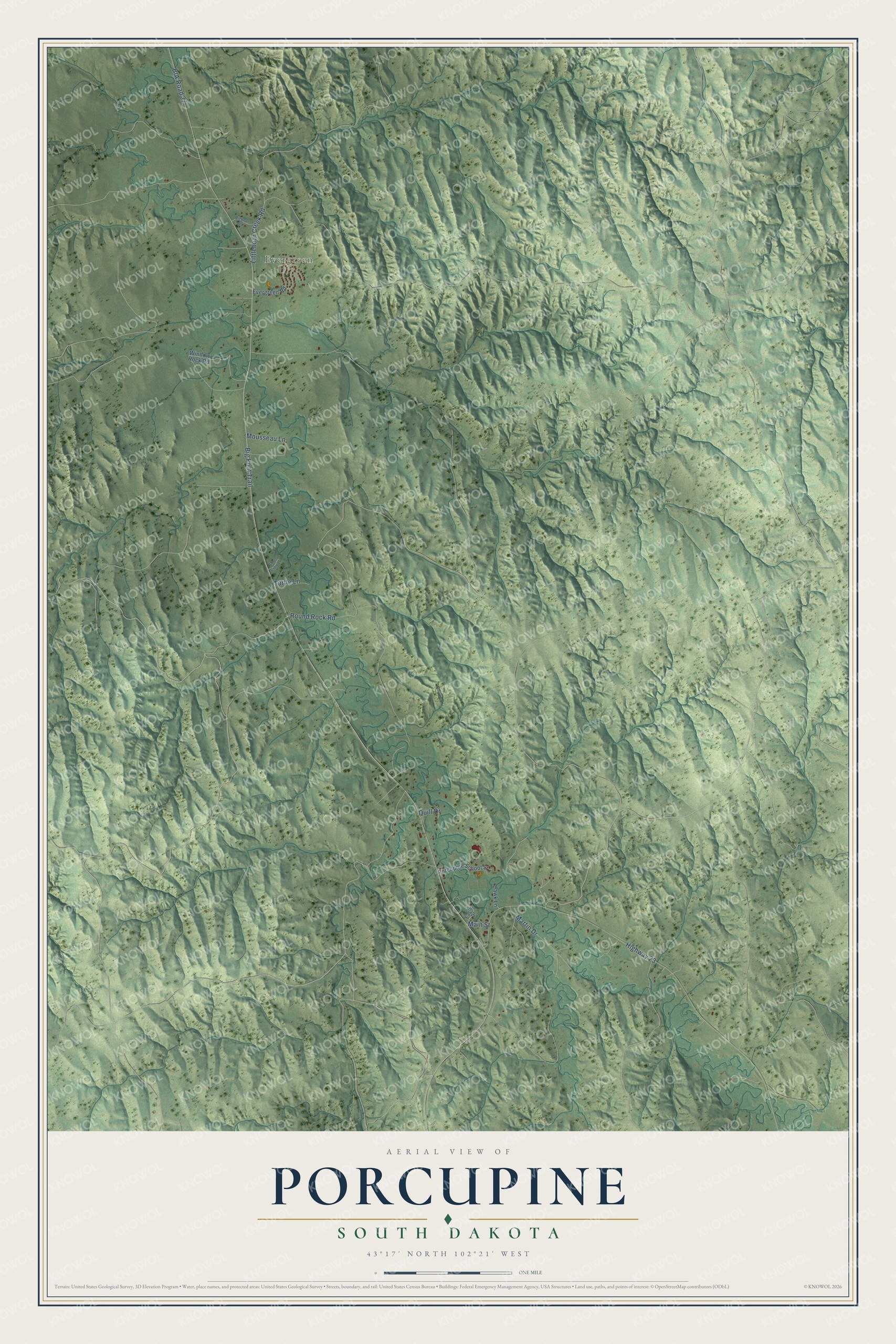 Full map of Porcupine, South Dakota, with red buildings, printed street names and the land around them