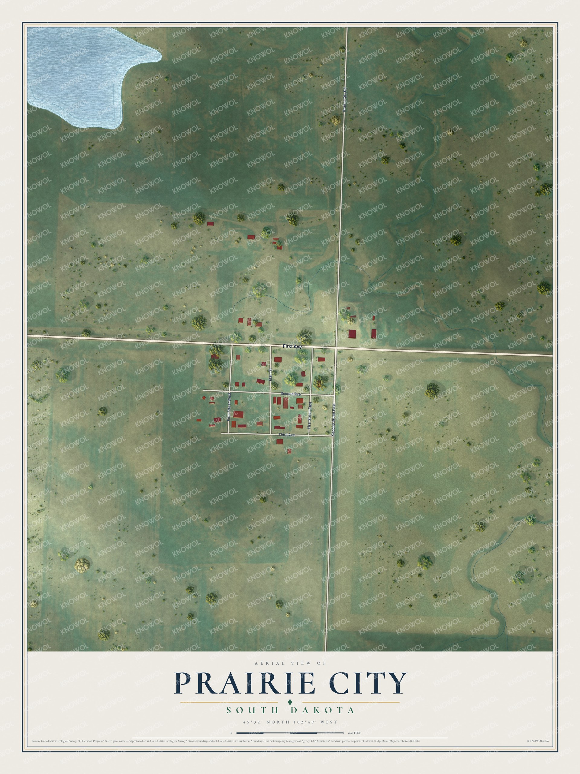 Full map of Prairie City, South Dakota, with red buildings, printed street names and the land around them