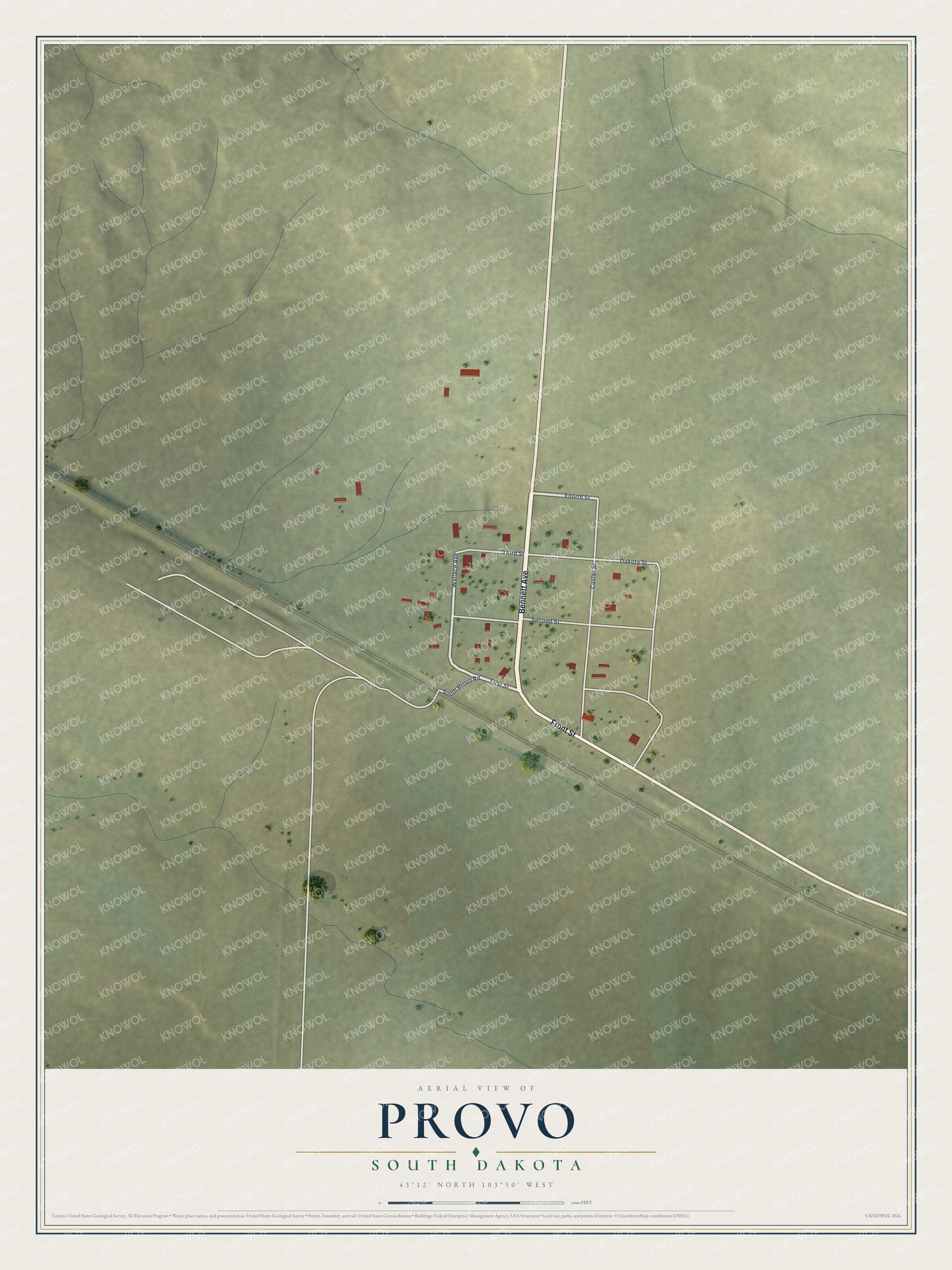 Full map of Provo, South Dakota, with red buildings, printed street names and the land around them