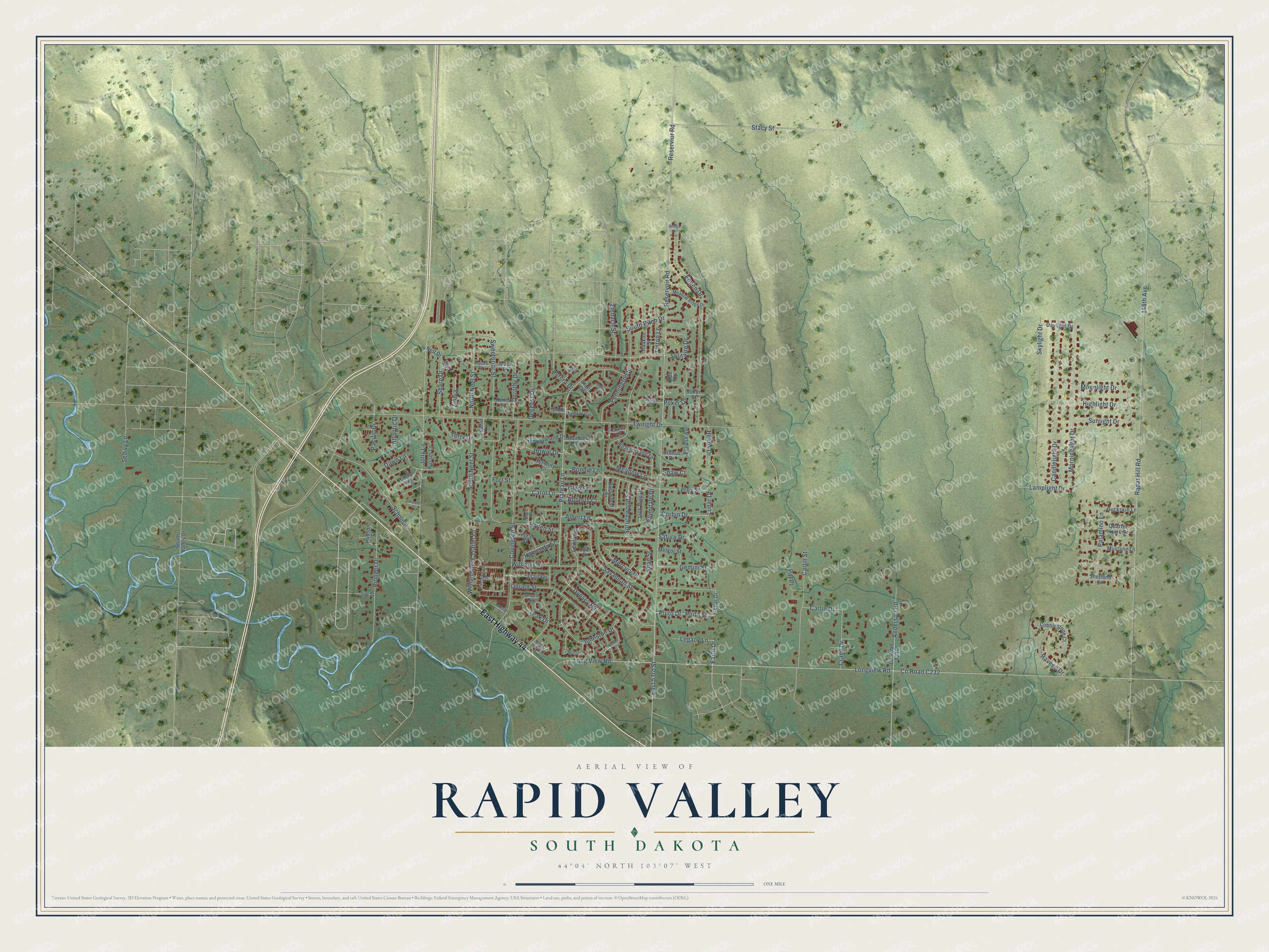 Full map of Rapid Valley, South Dakota, with red buildings, printed street names and the land around them