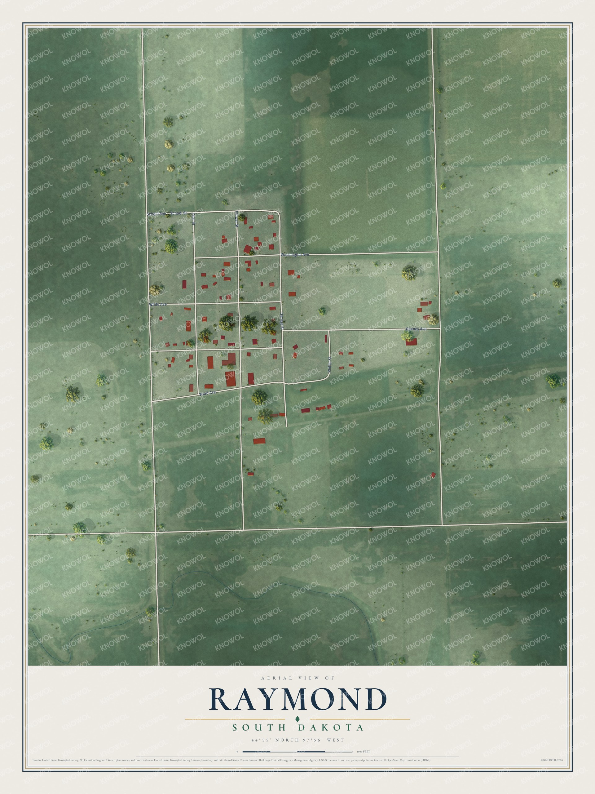 Full map of Raymond, South Dakota, with red buildings, printed street names and the land around them