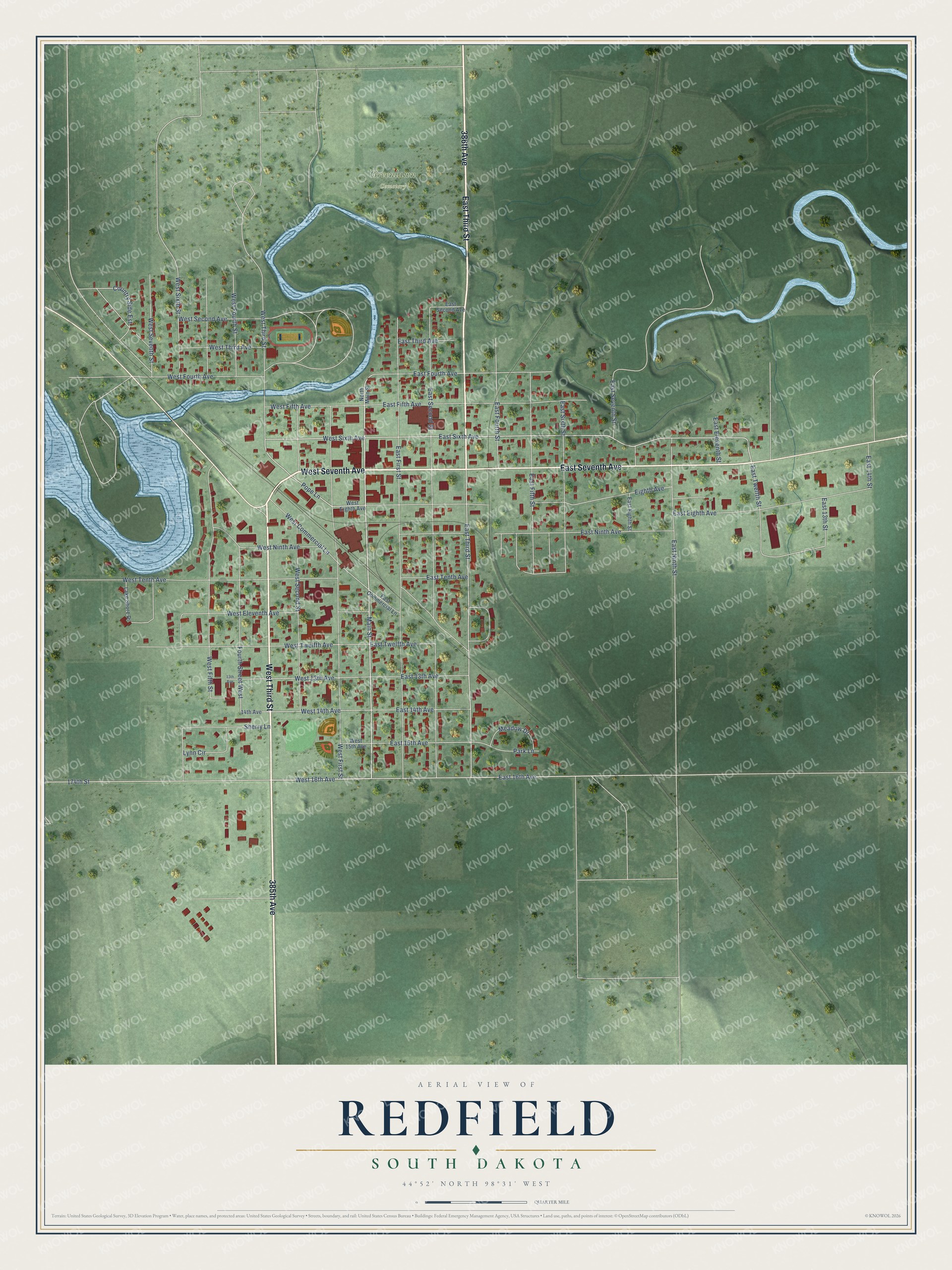 Full map of Redfield, South Dakota, with red buildings, printed street names and the land around them