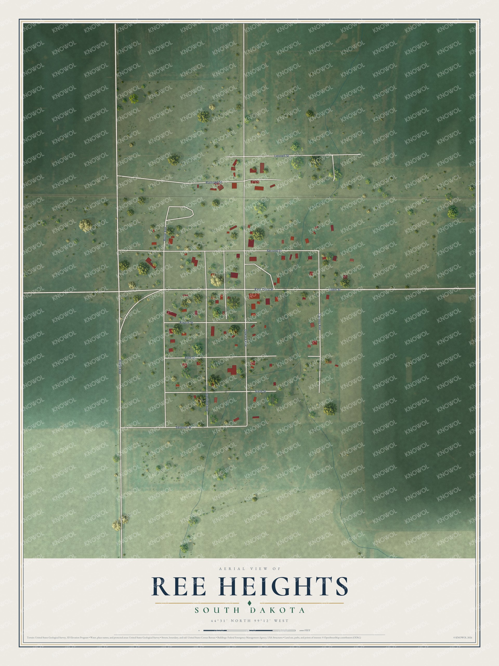 Full map of Ree Heights, South Dakota, with red buildings, printed street names and the land around them