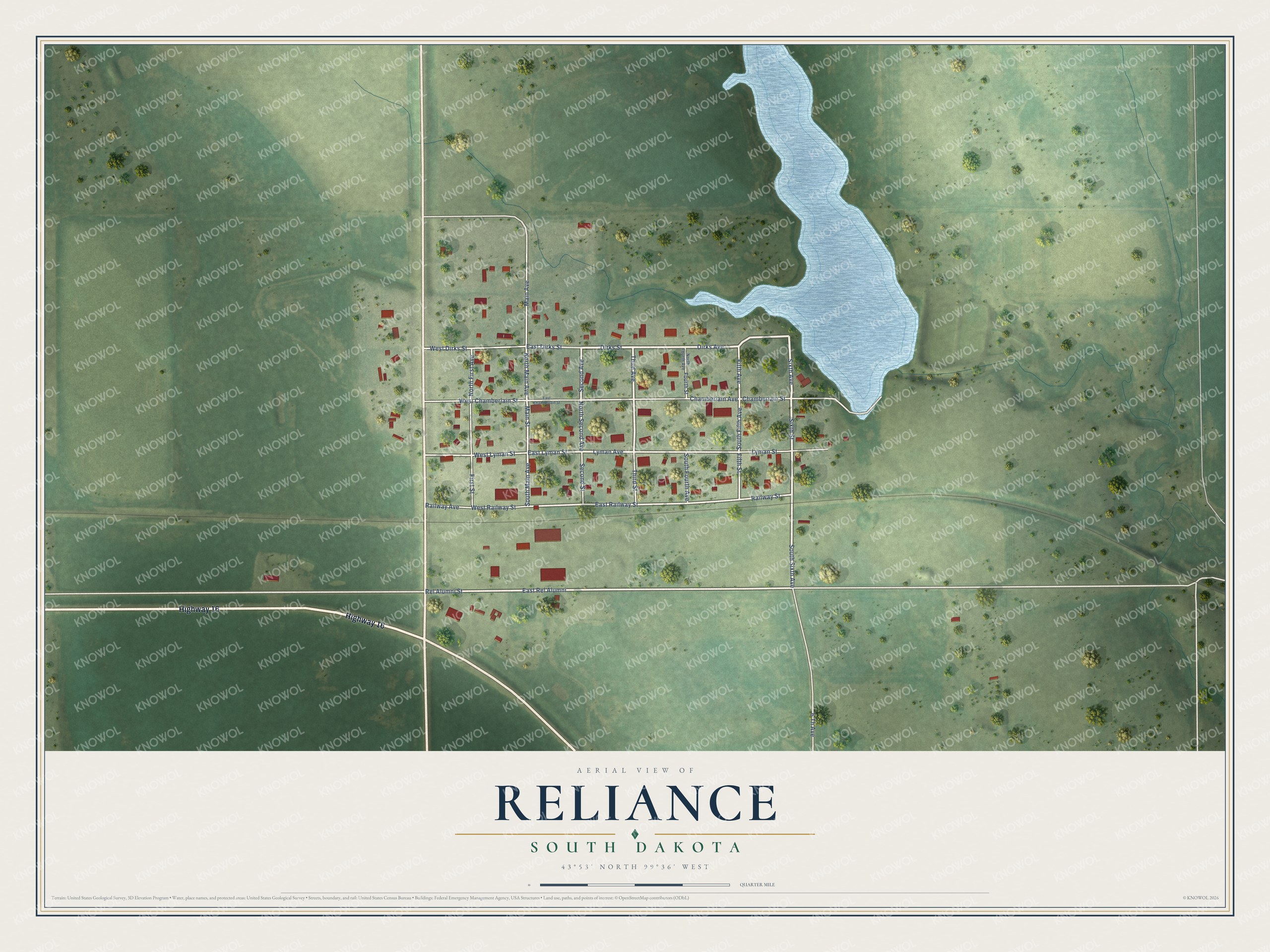 Full map of Reliance, South Dakota, with red buildings, printed street names and the land around them