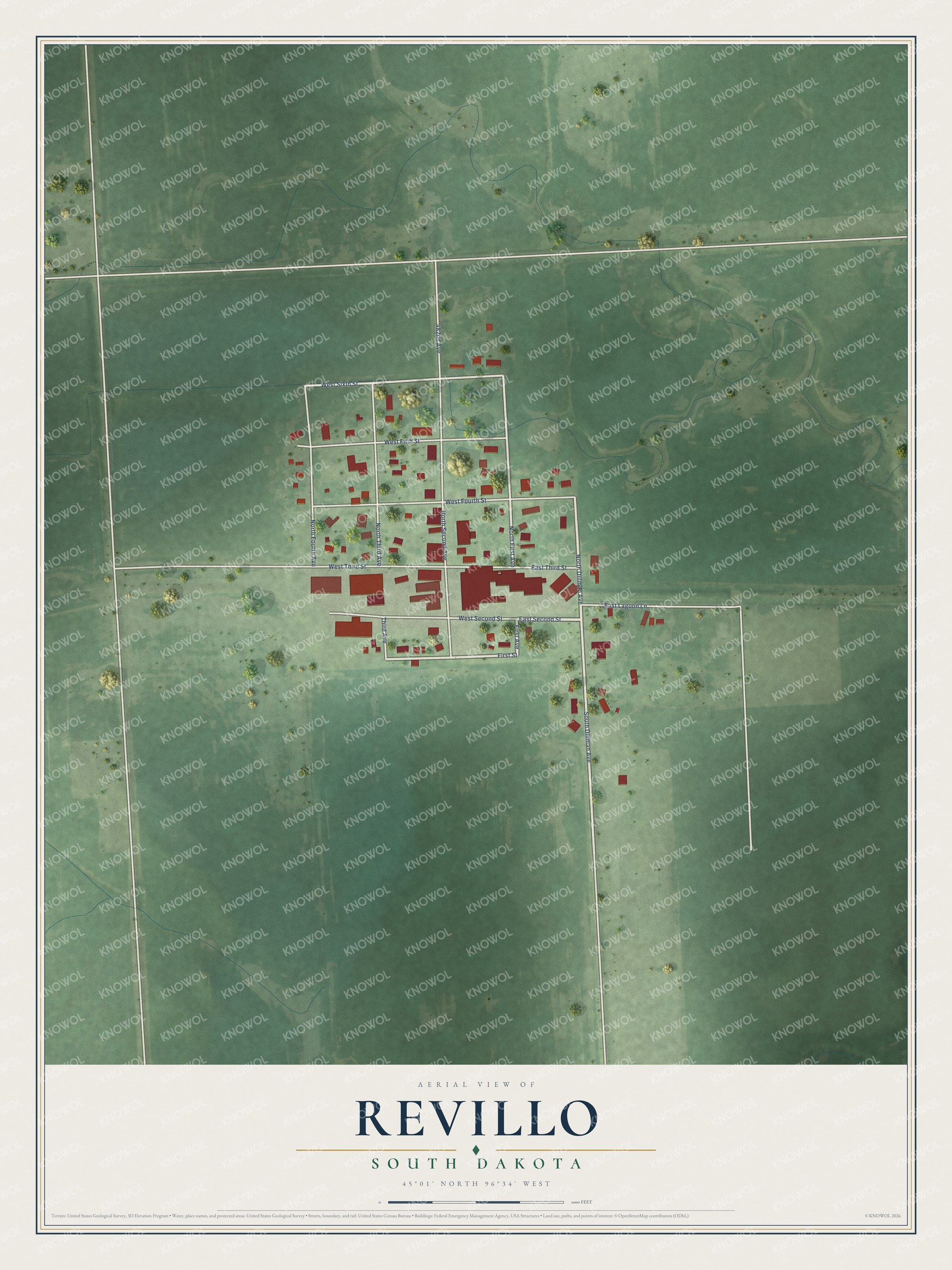 Full map of Revillo, South Dakota, with red buildings, printed street names and the land around them