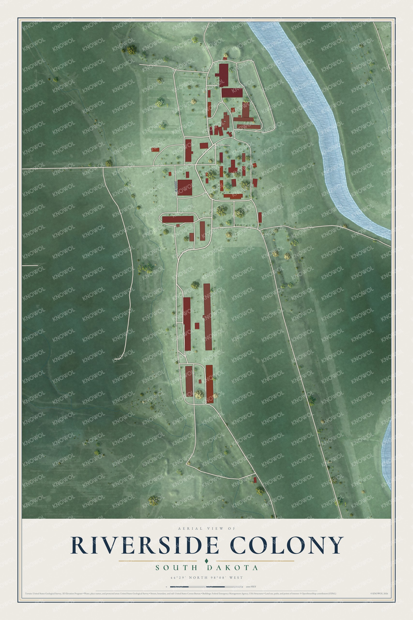 Full map of Riverside Colony, South Dakota, with red buildings, printed street names and the land around them