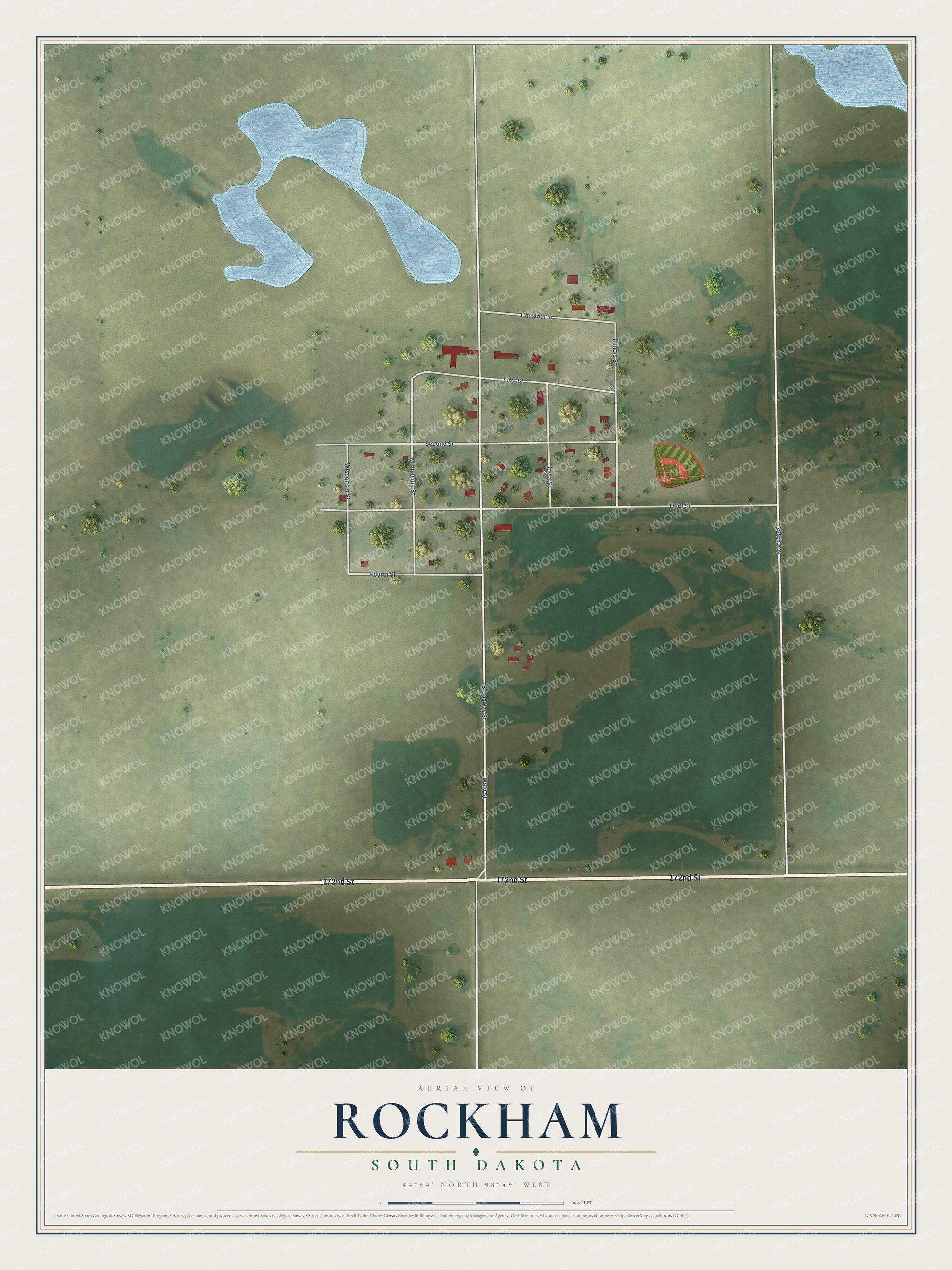 Full map of Rockham, South Dakota, with red buildings, printed street names and the land around them