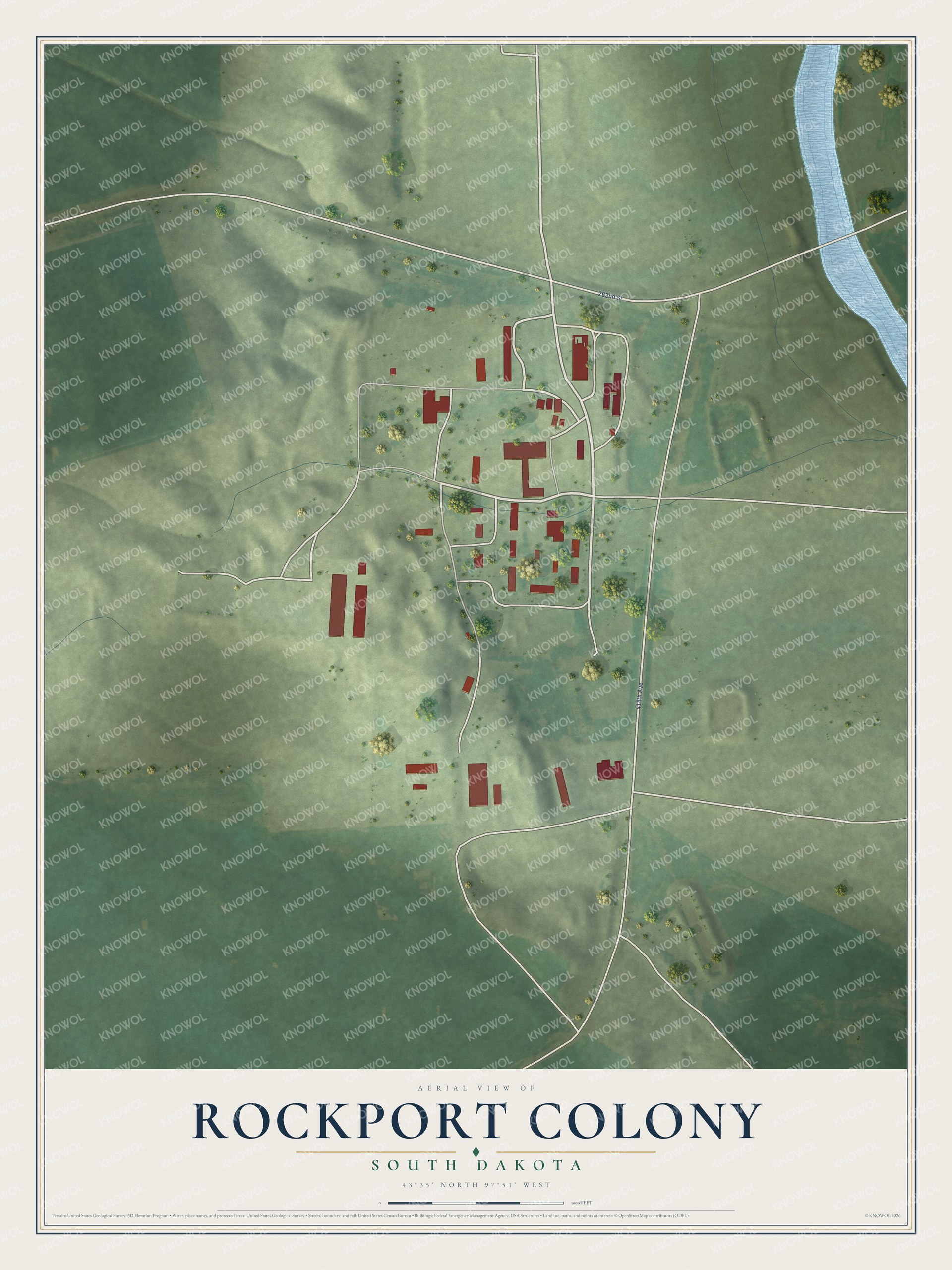 Full map of Rockport Colony, South Dakota, with red buildings, printed street names and the land around them