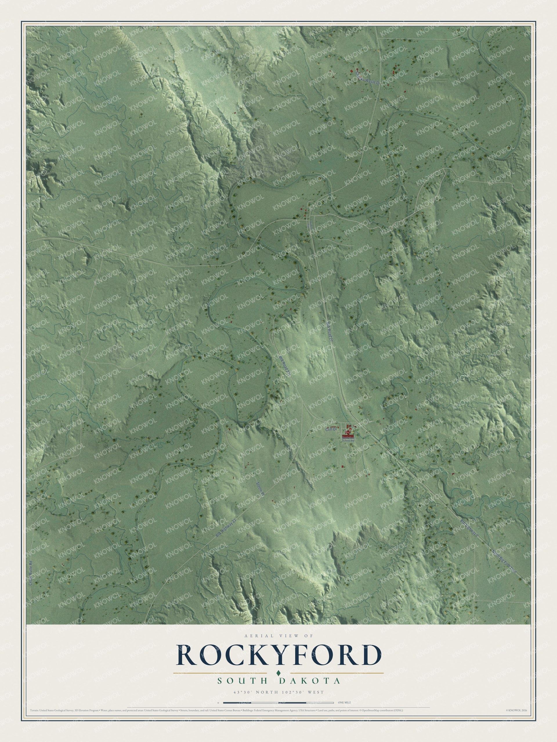 Full map of Rockyford, South Dakota, with red buildings, printed street names and the land around them