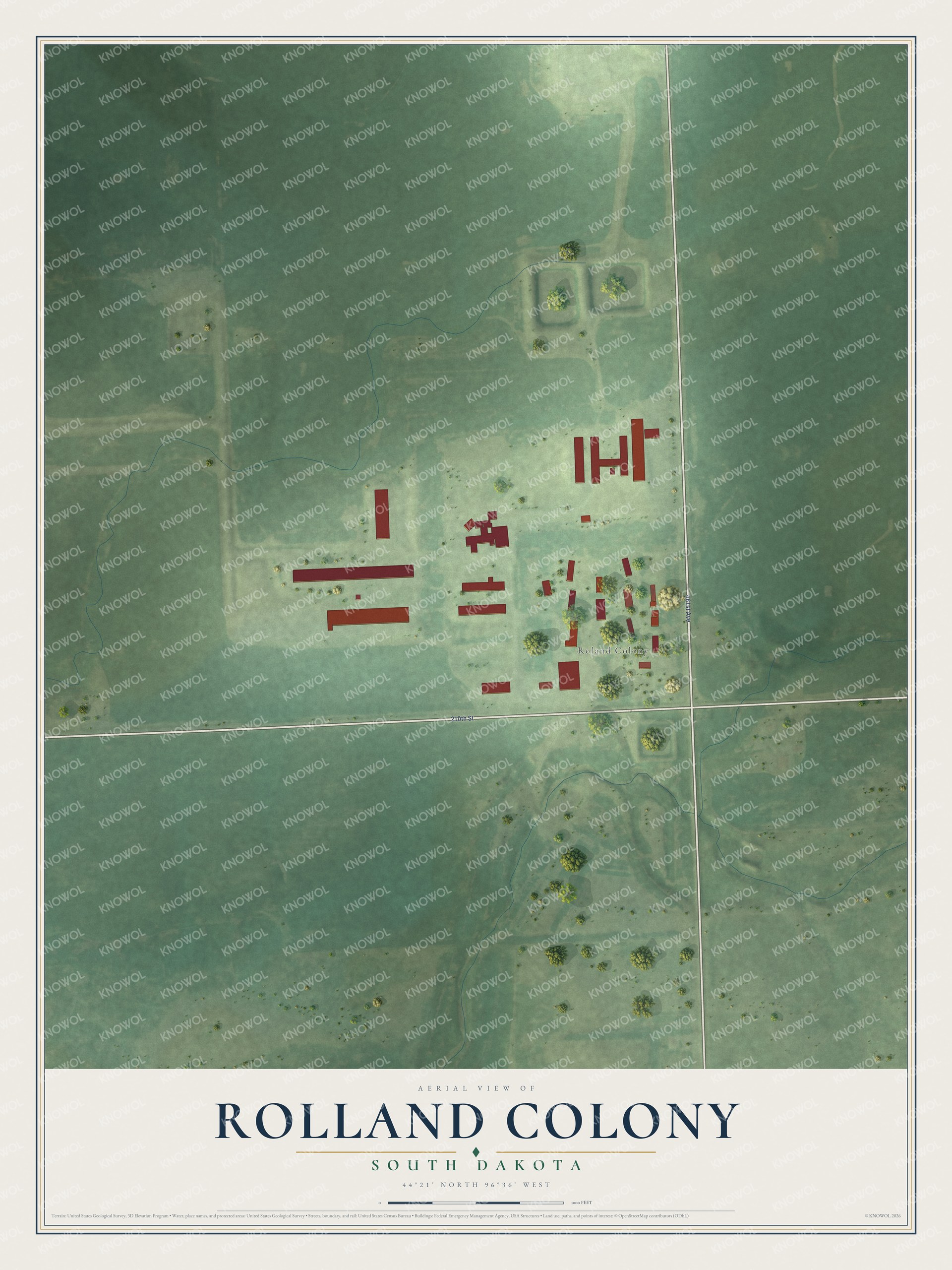 Full map of Rolland Colony, South Dakota, with red buildings, printed street names and the land around them