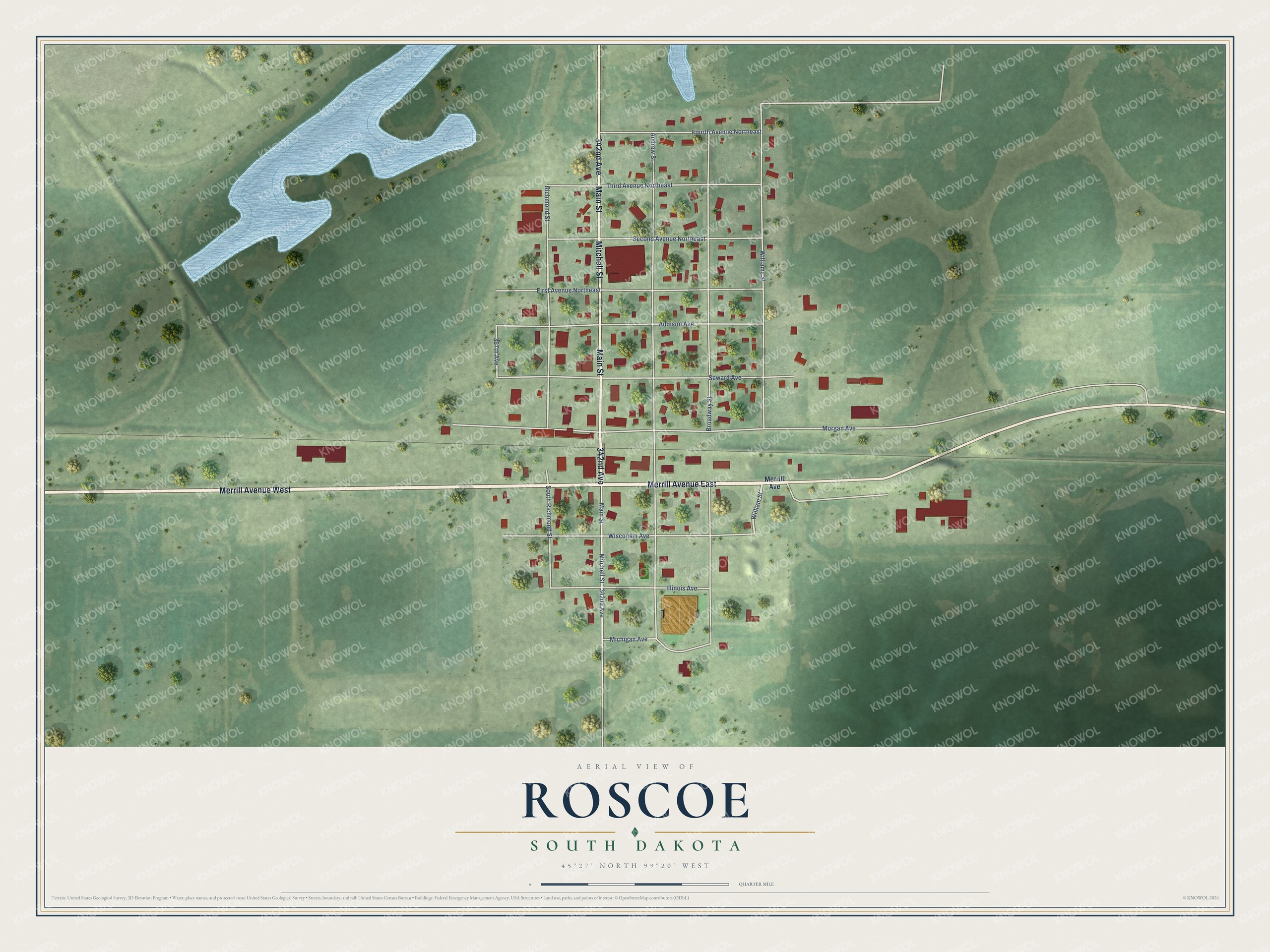 Full map of Roscoe, South Dakota, with red buildings, printed street names and the land around them