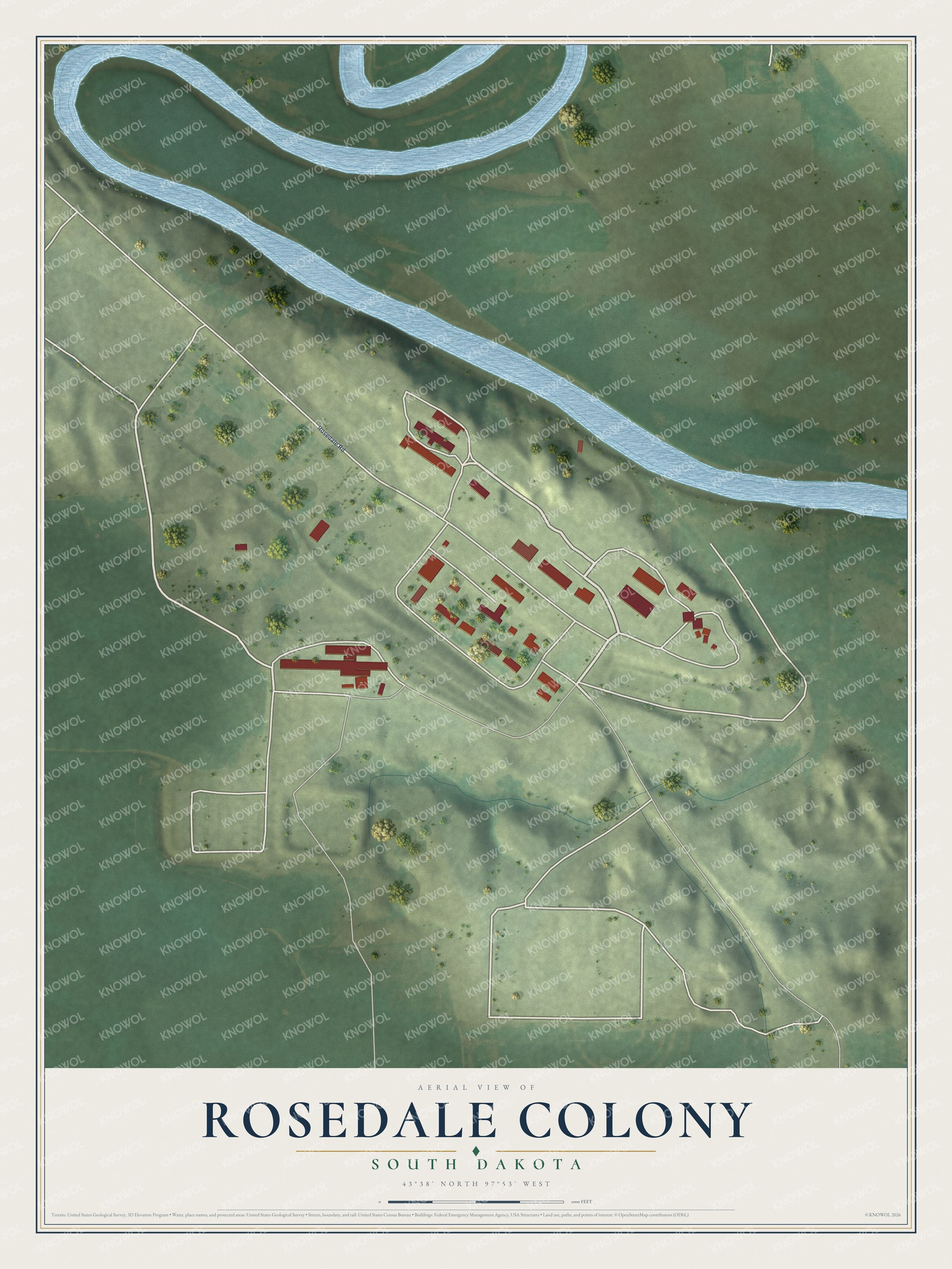 Full map of Rosedale Colony, South Dakota, with red buildings, printed street names and the land around them