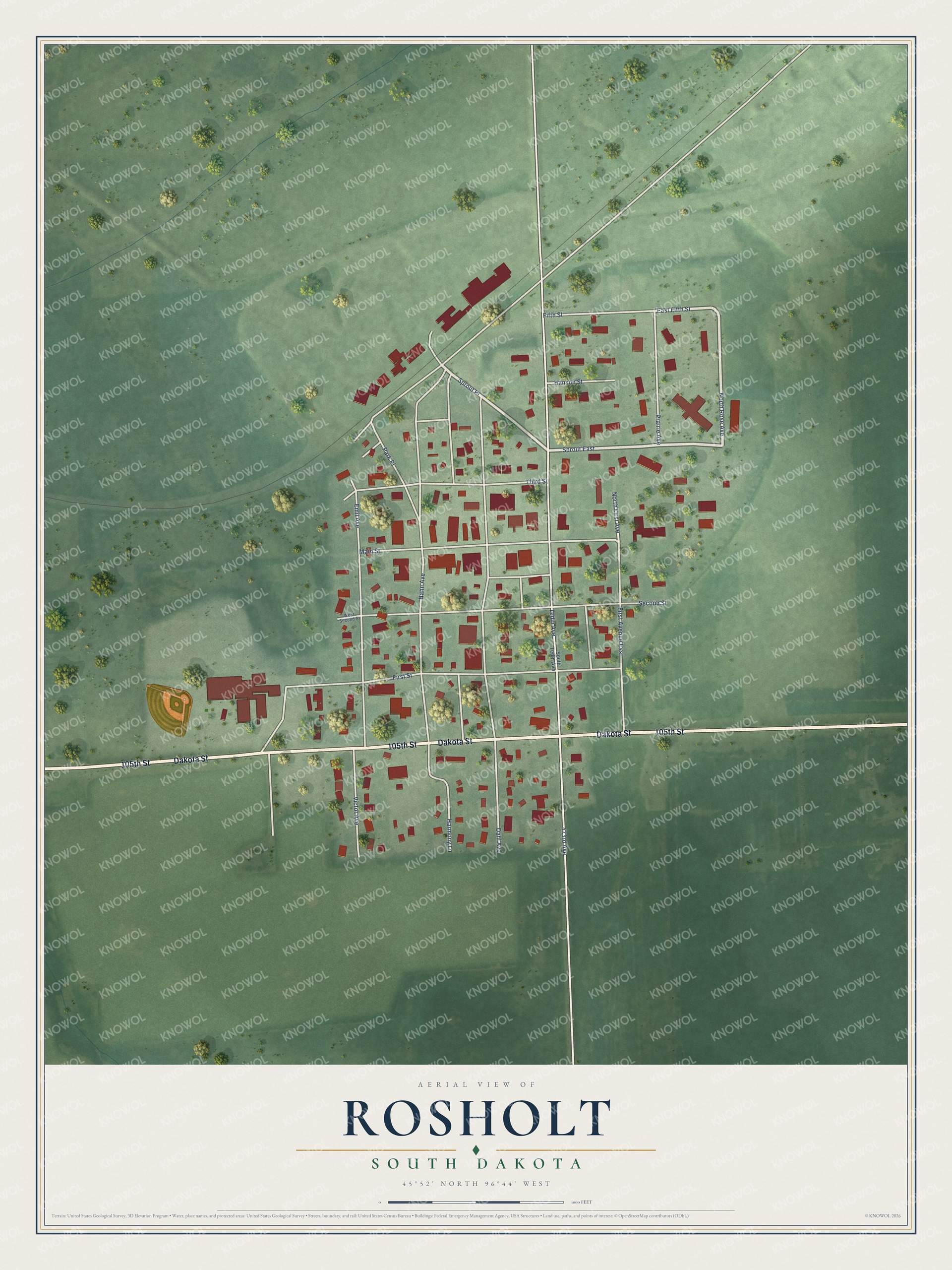 Full map of Rosholt, South Dakota, with red buildings, printed street names and the land around them