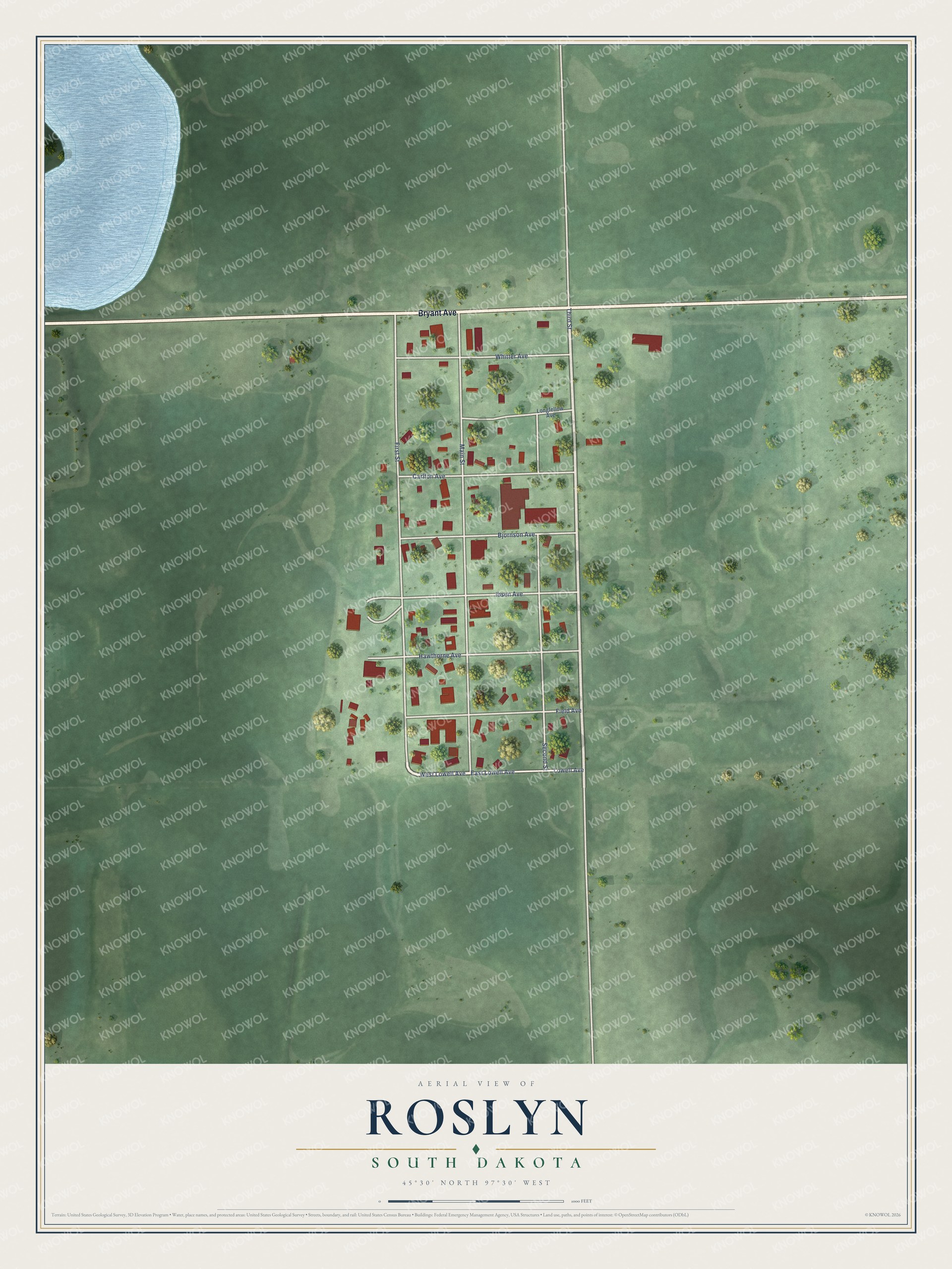 Full map of Roslyn, South Dakota, with red buildings, printed street names and the land around them