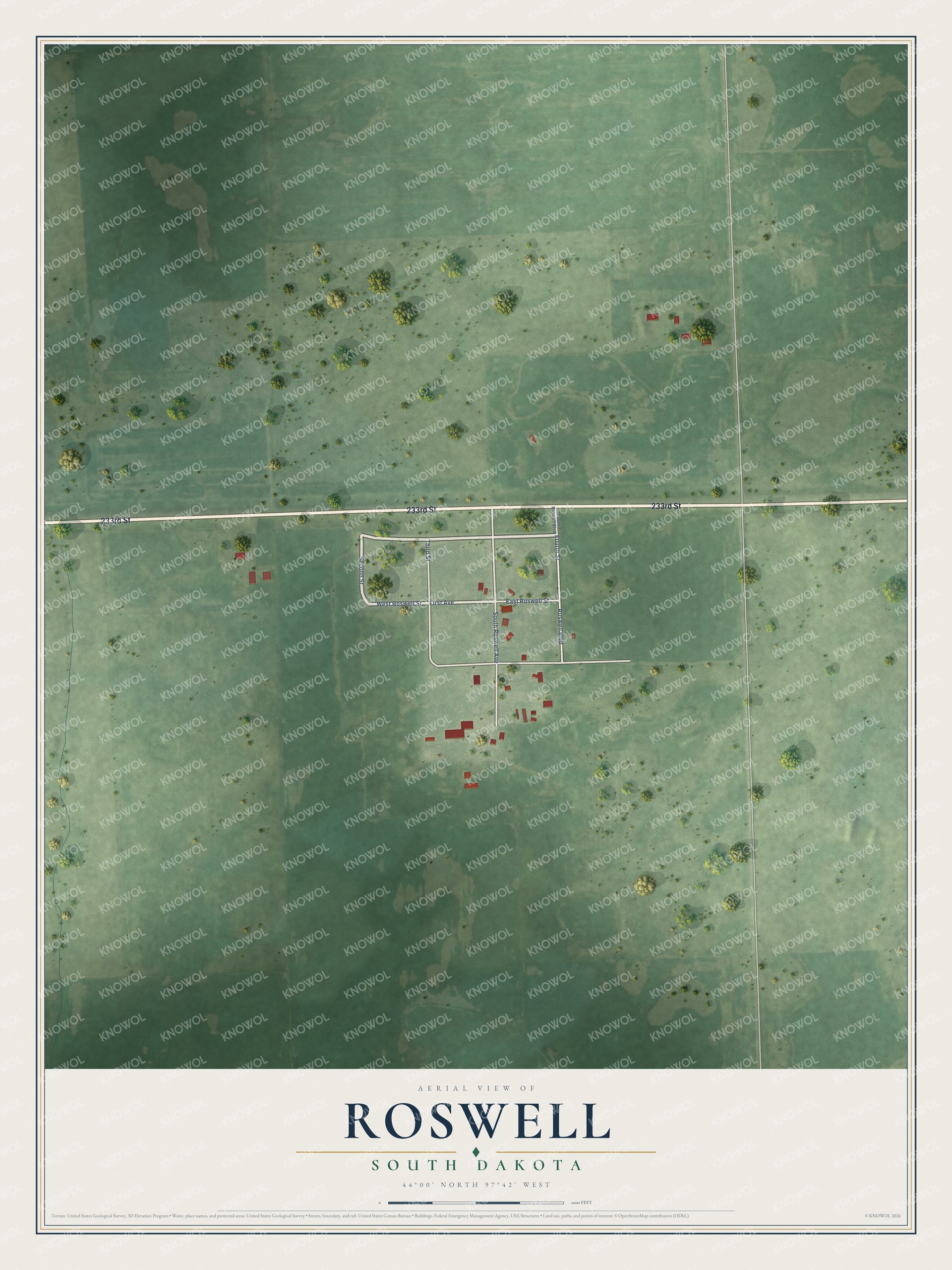 Full map of Roswell, South Dakota, with red buildings, printed street names and the land around them