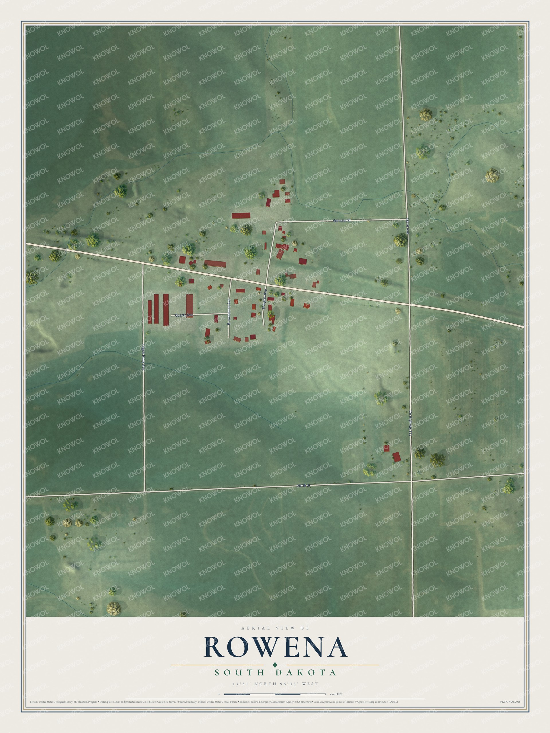 Full map of Rowena, South Dakota, with red buildings, printed street names and the land around them