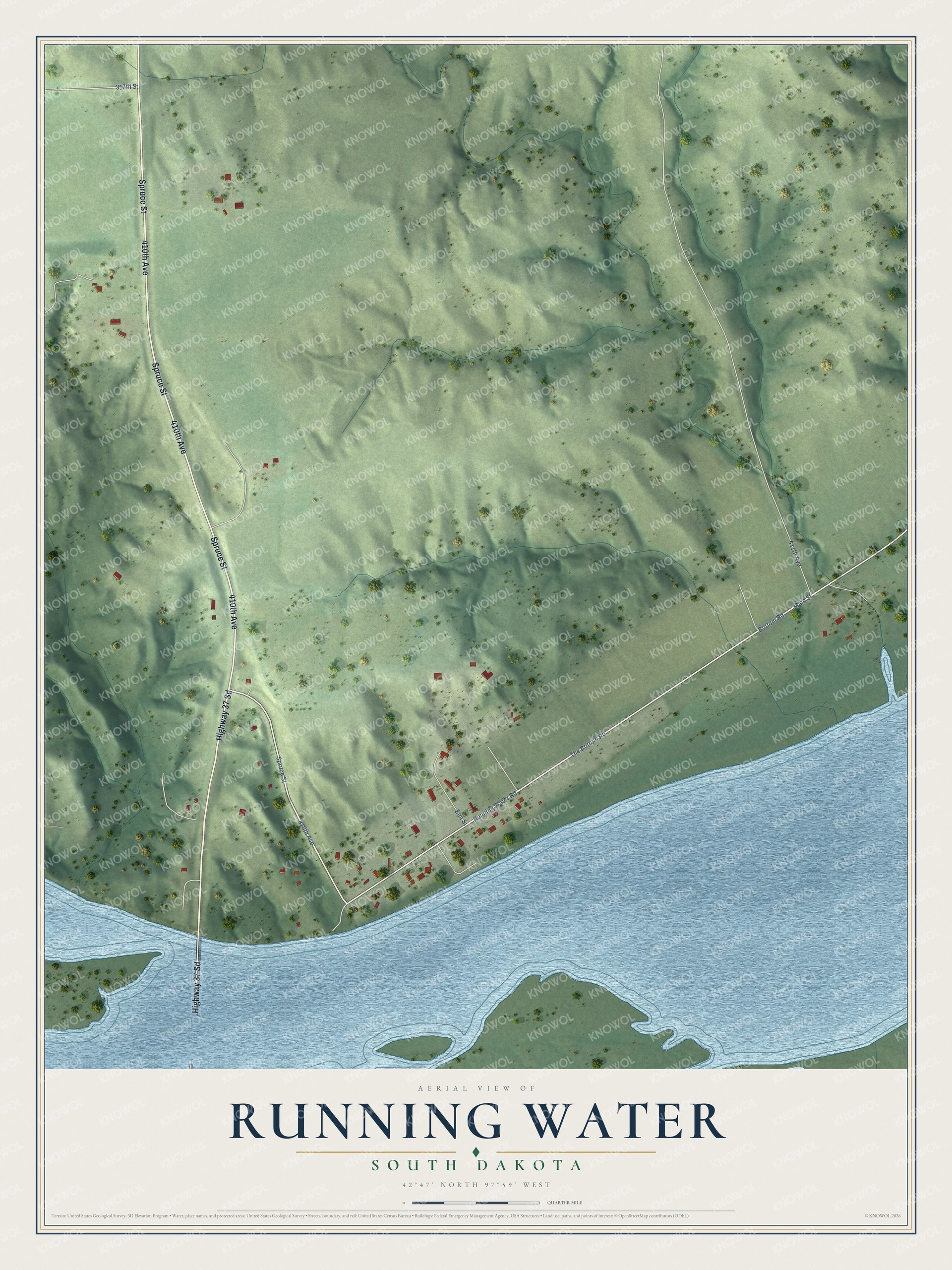 Full map of Running Water, South Dakota, with red buildings, printed street names and the land around them